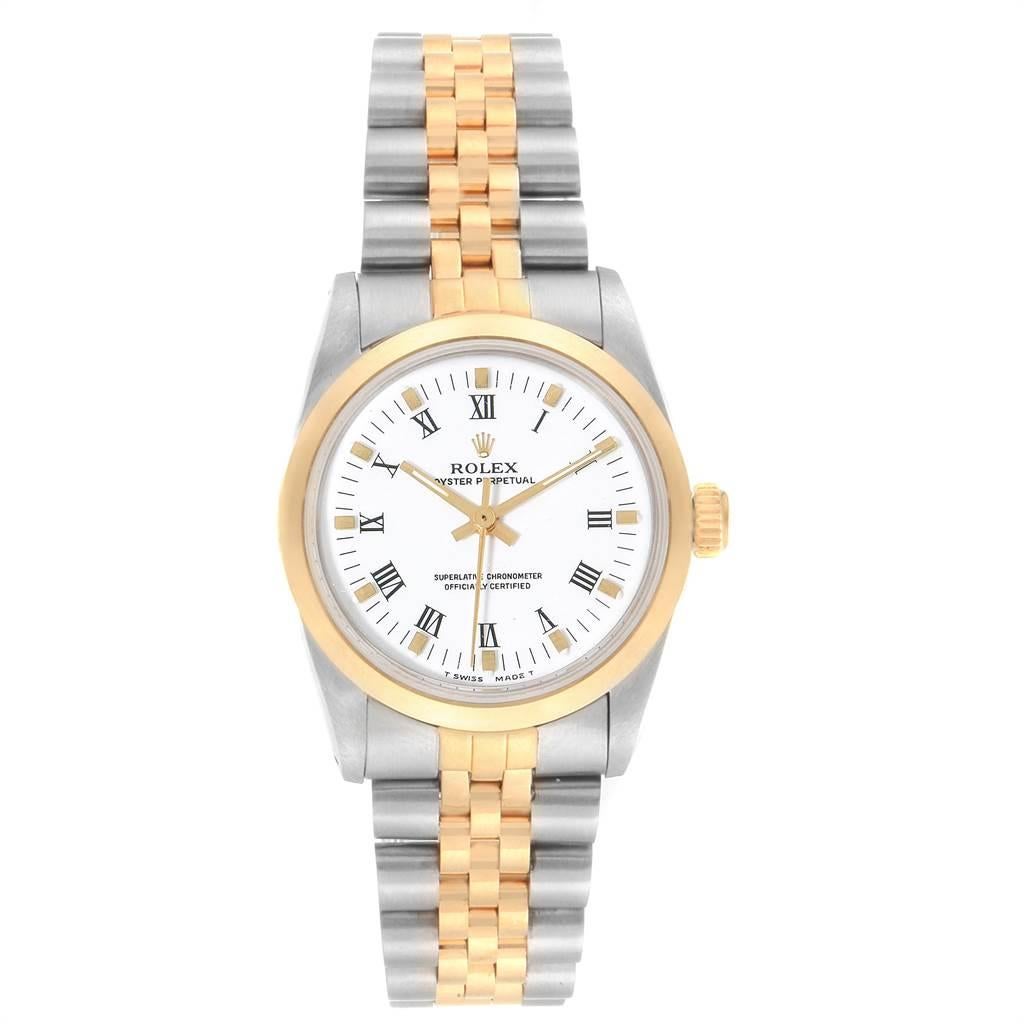 Rolex Midsize Yellow Gold Steel White Dial Ladies Watch 67513 In Excellent Condition In Atlanta, GA