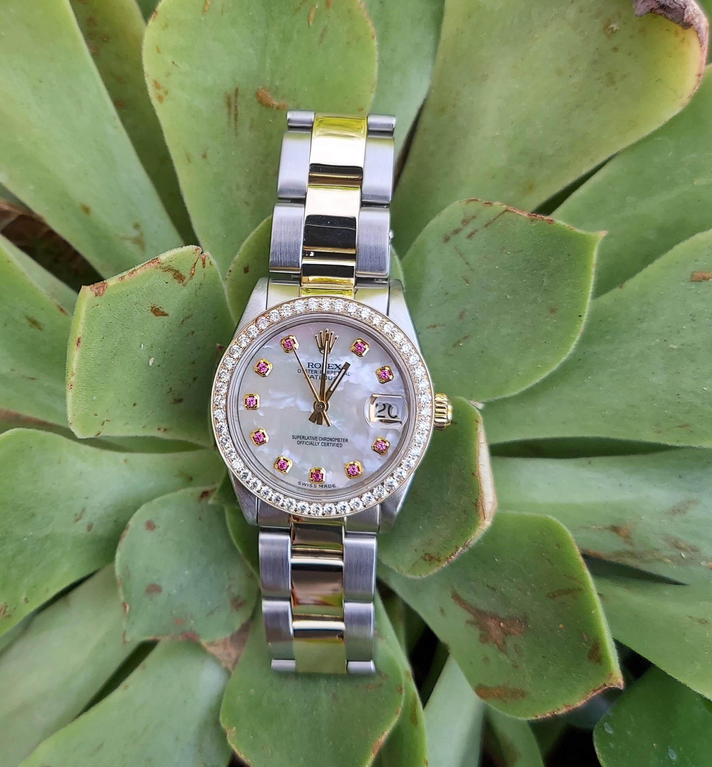 (Watch Description) 
Brand - Rolex
Gender - Ladies 
Model - 6827 Datejust
Metals - Yellow gold / Steel 
Case size - 31mm
Bezel - Yellow gold Diamond
Crystal - Sapphire
Movement - Automatic Cal.2035
Dial - Refinished MOP Diamond
Wrist band - Two tone