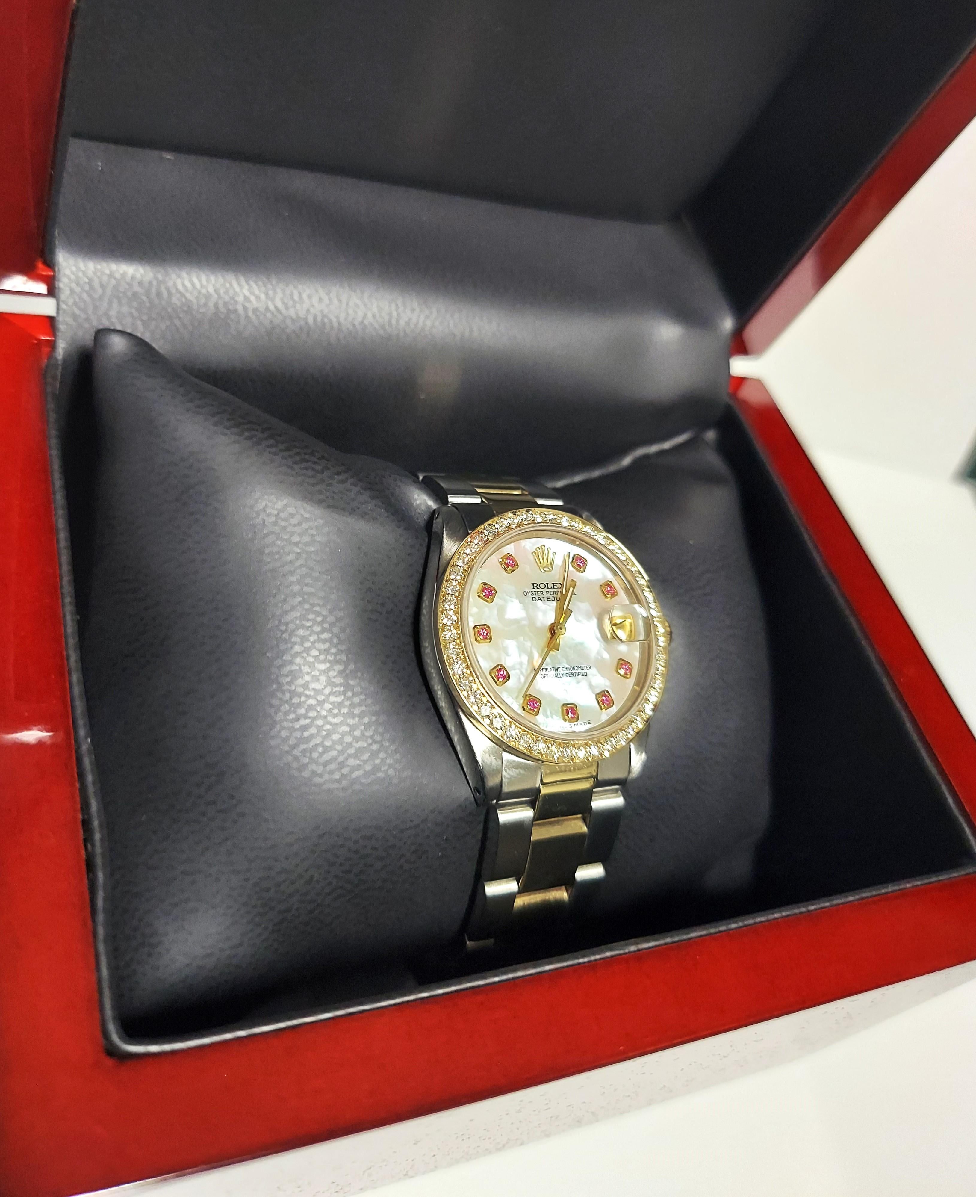 Rolex Ladies 31mm MOP 6827 Diamond Ruby two-tone Oyster In Good Condition For Sale In San Fernando, CA
