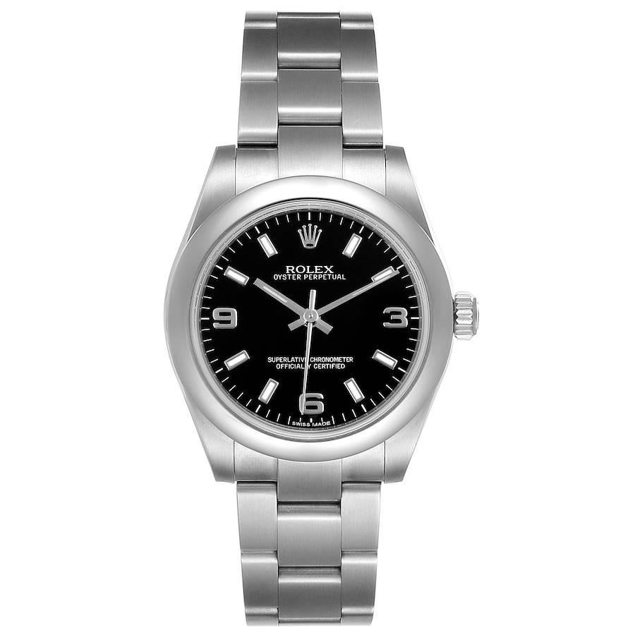 Rolex Midsize Black Dial Domed Bezel Steel Ladies Watch 177200 Box Card. Officially certified chronometer self-winding movement with quickset date function. Stainless steel oyster case 31.0 mm in diameter. Rolex logo on a crown. Stainless steel