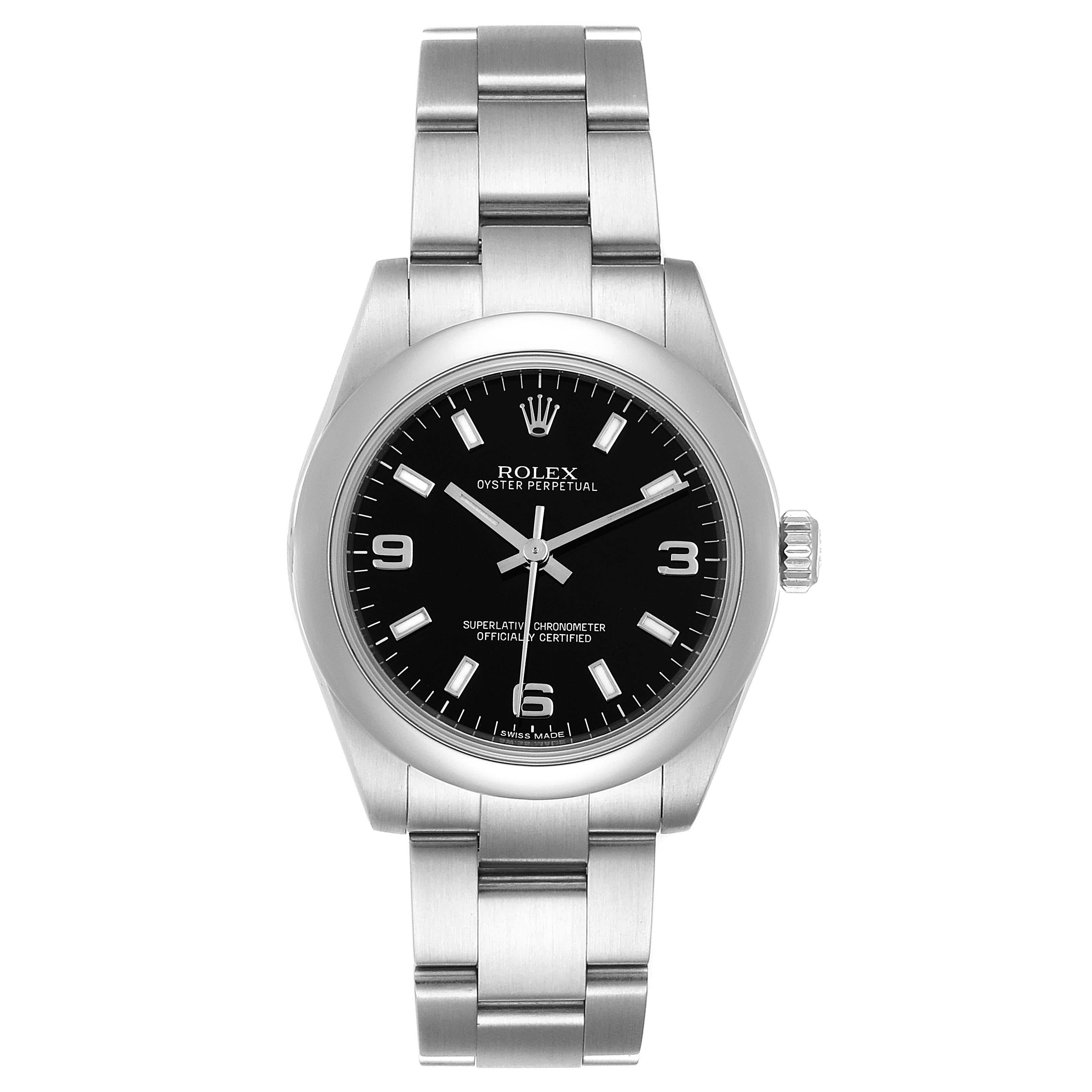 Rolex Midsize Black Dial Domed Bezel Steel Ladies Watch 177200. Officially certified chronometer self-winding movement with quickset date function. Stainless steel oyster case 31.0 mm in diameter. Rolex logo on a crown. Stainless steel smooth domed