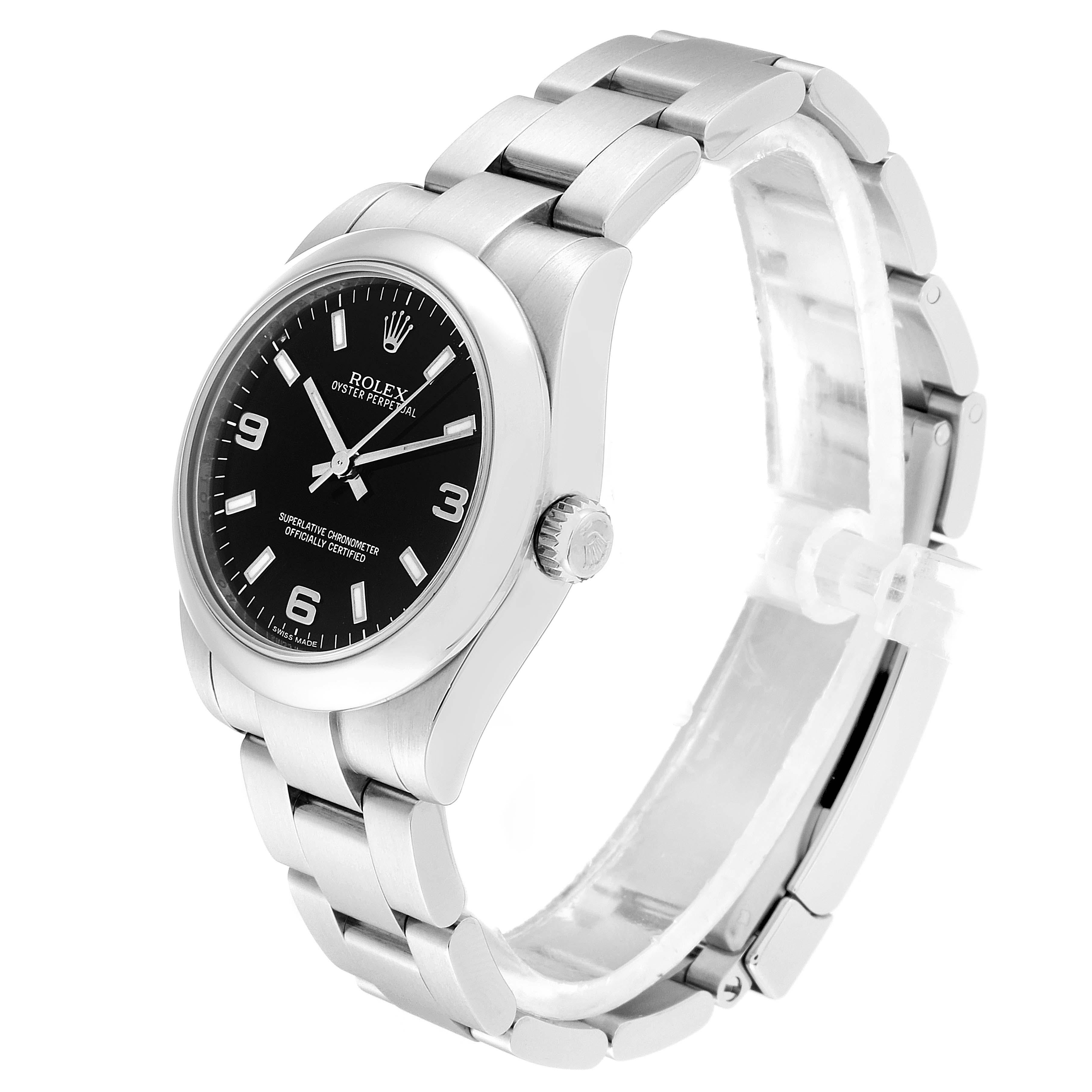 Rolex Midsize Black Dial Domed Bezel Steel Ladies Watch 177200 In Excellent Condition For Sale In Atlanta, GA
