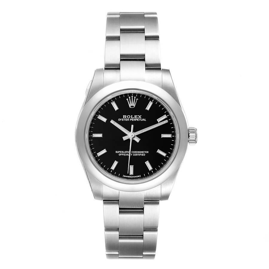 Rolex Midsize Black Dial Domed Lünette Stahl Damenuhr 177200 Ungetragen. Offiziell zertifiziertes Chronometerwerk mit automatischem Aufzug und Datumsschnellverstellung. Austerngehäuse aus Edelstahl mit einem Durchmesser von 31,0 mm. Rolex-Logo auf
