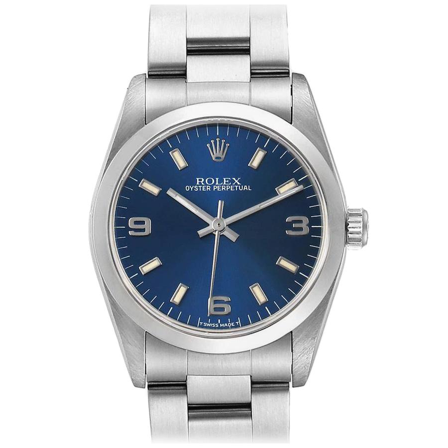 Rolex Midsize Blue Dial Automatic Steel Ladies Watch 67480 Papers For Sale