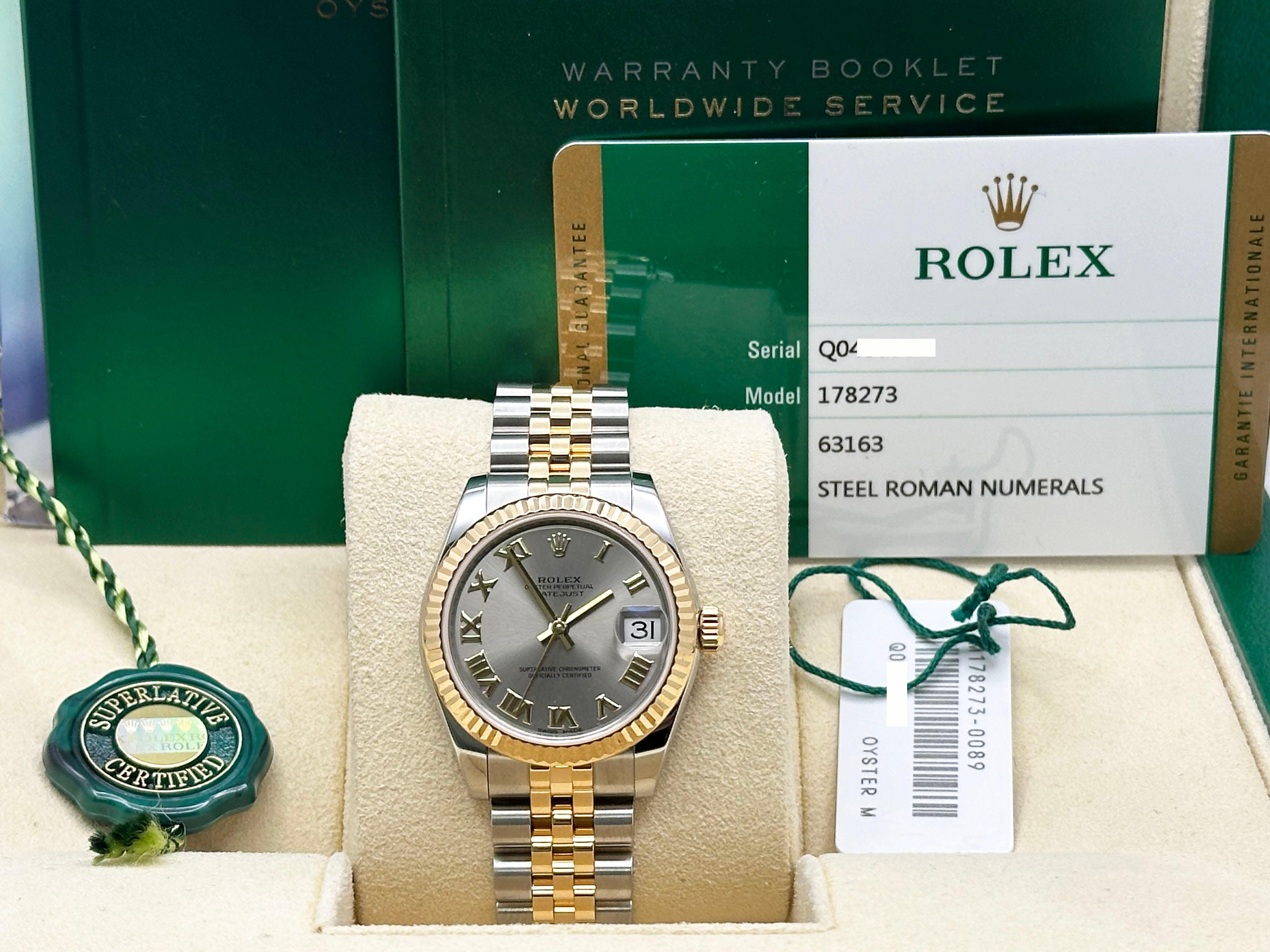 Rolex Midsize Datejust 178273 31mm Roman Dial 18K Yellow Gold Steel Box Paper For Sale 6