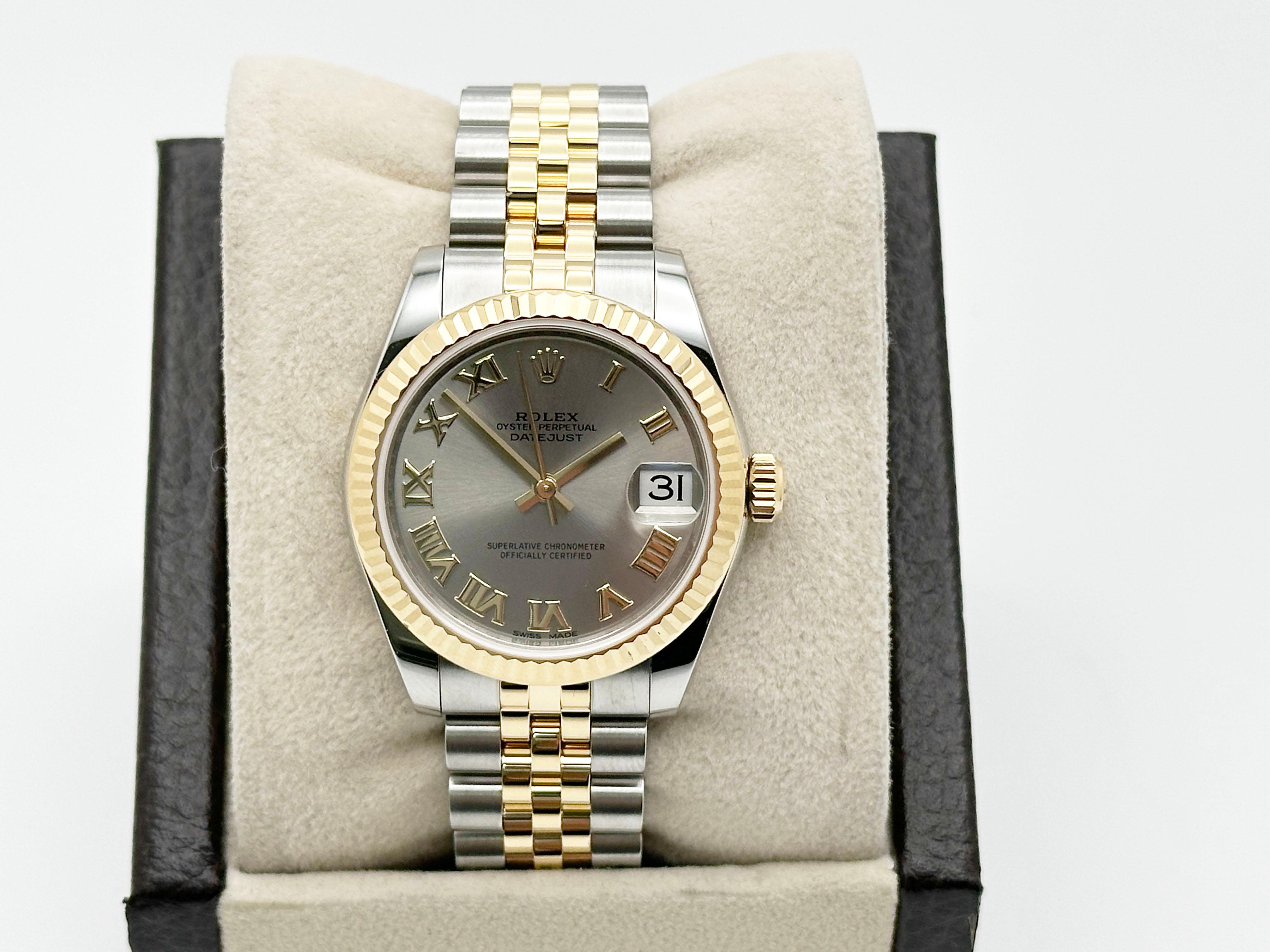 Style Number: 178273



Serial: Q0450***



Year: 2016

 

Model: Rolex Midsize Datejust 

 

Case Material: Stainless Steel 

 

Band: 18K Yellow Gold & Stainless Steel Jubilee Band 

  

Bezel: 18K Yellow Gold Fluted Bezel 

  

Dial: Silver Roman