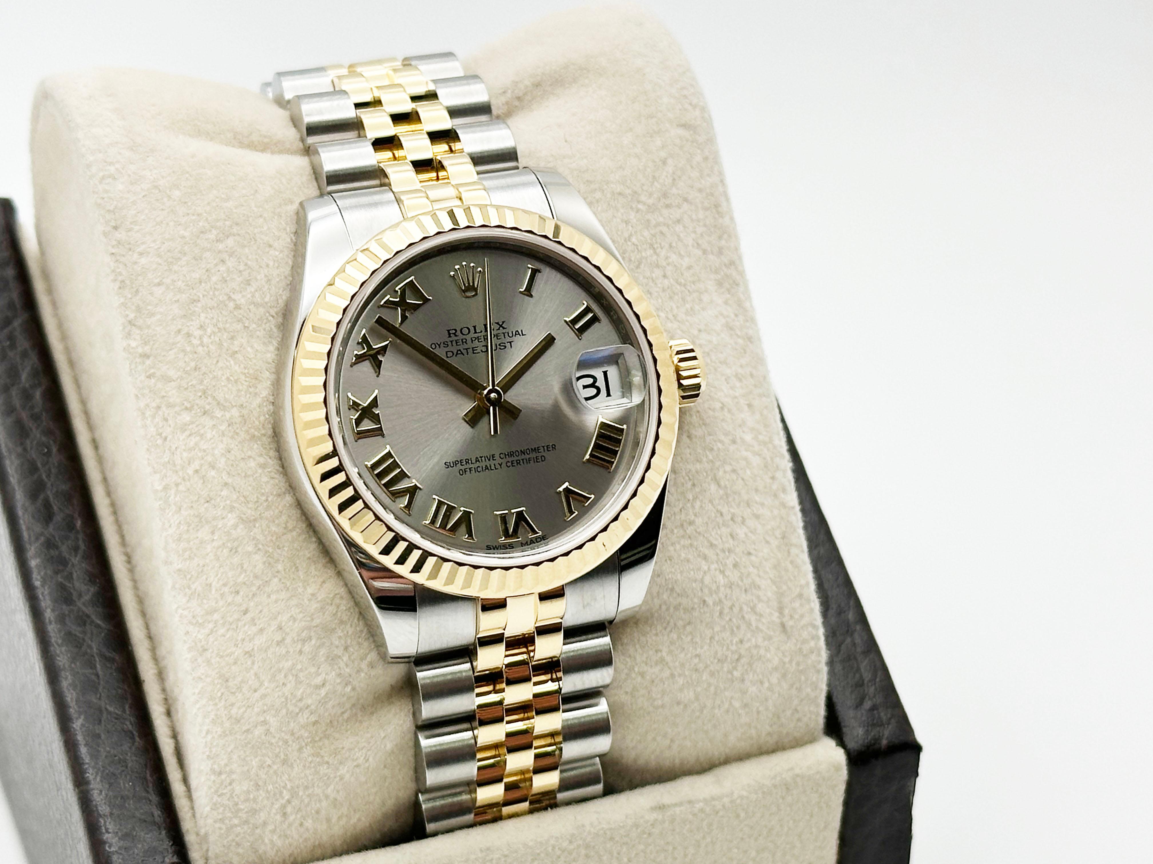 Rolex Midsize Datejust 178273 31mm Roman Dial 18K Yellow Gold Steel Box Paper In Excellent Condition For Sale In San Diego, CA