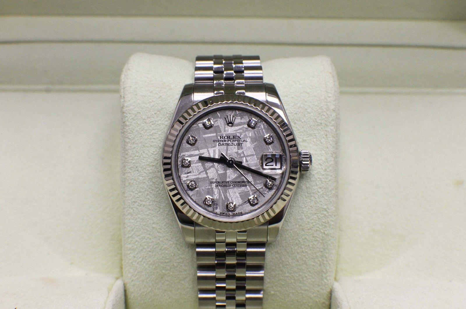 Style Number: 178274 
Serial: 075V8*** 
Year: 2012 
Model: Datejust  
Case Material: Stainless Steel  
Band: Stainless Steel 
Bezel: 18K White Gold  
Dial: Original Factory Meteorite Diamond Dial  
Face: Sapphire Crystal  
Case Size: 31mm 
Includes: