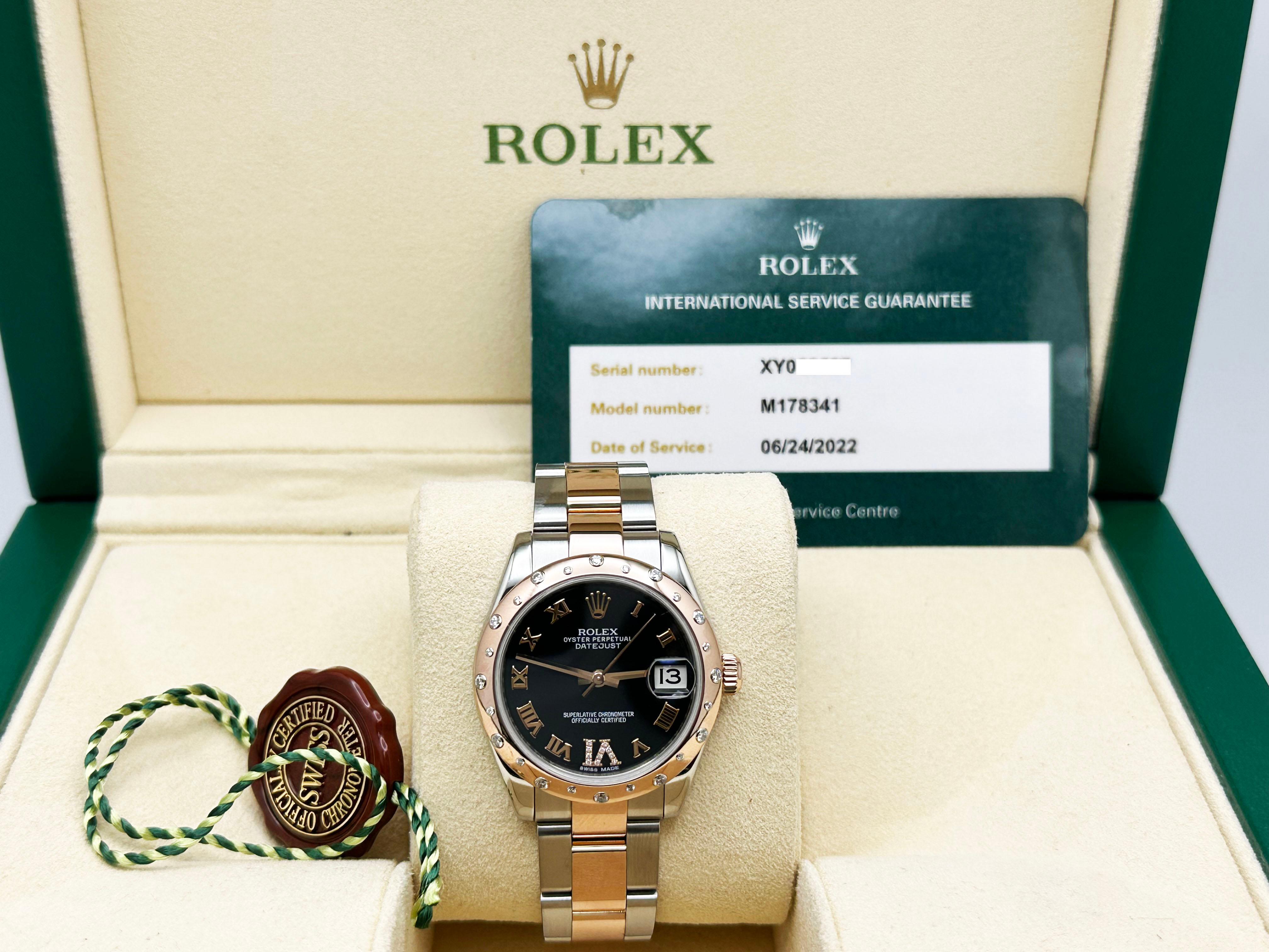 Style Number: 178341



Serial: XY068***



Year: 2010-2024

 

Model: Rolex Midsize Datejust 

 

Case Material: Stainless Steel 

 

Band: 18K Rose Gold & Stainless Steel 

  

Bezel: 18K Rose Gold Scattered Diamond Bezel 

  

Dial: Black Dial