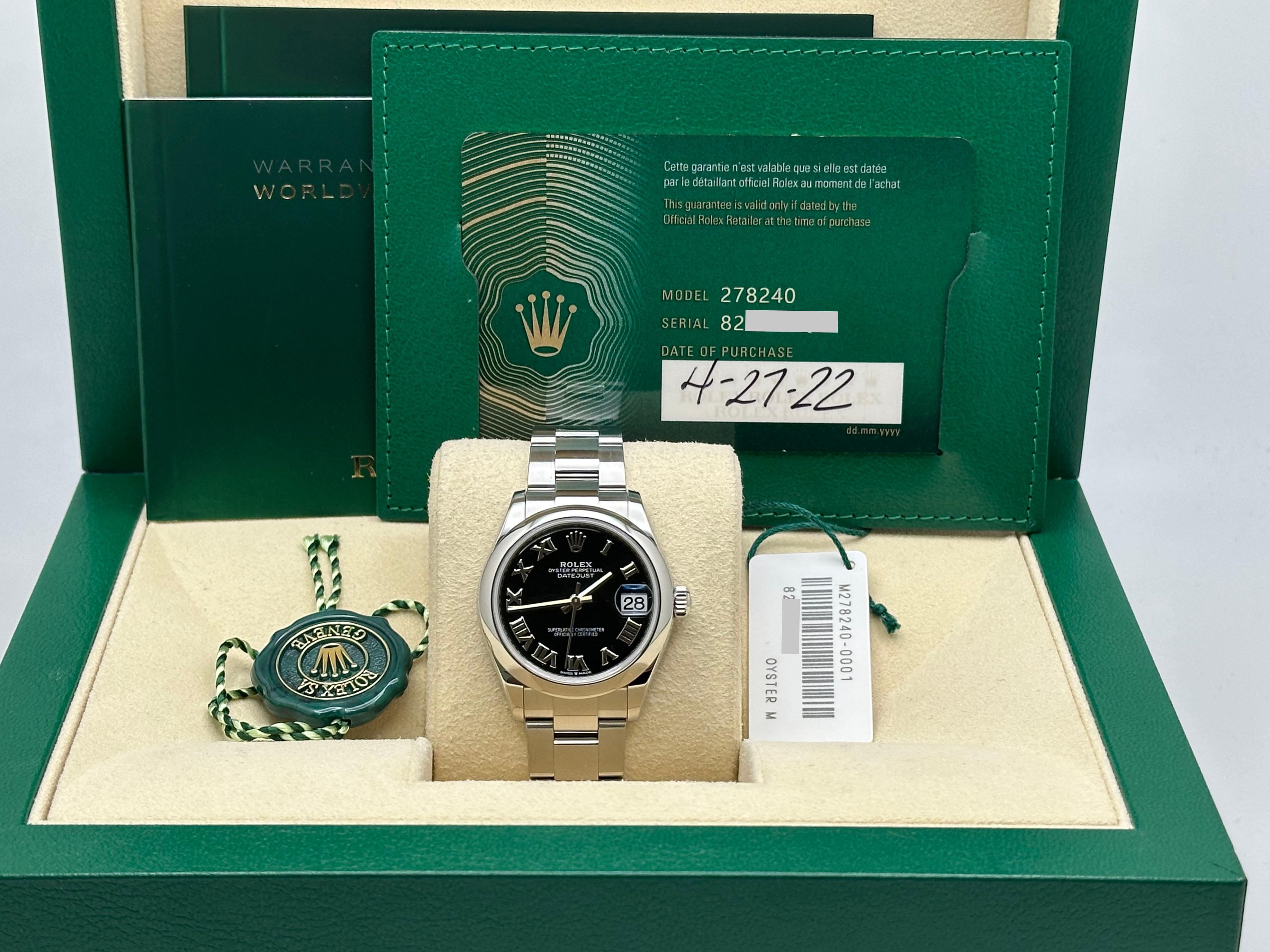 Rolex Midsize Datejust 278240 31mm Black Roman Stainless Steel Box Paper 2022 For Sale 3