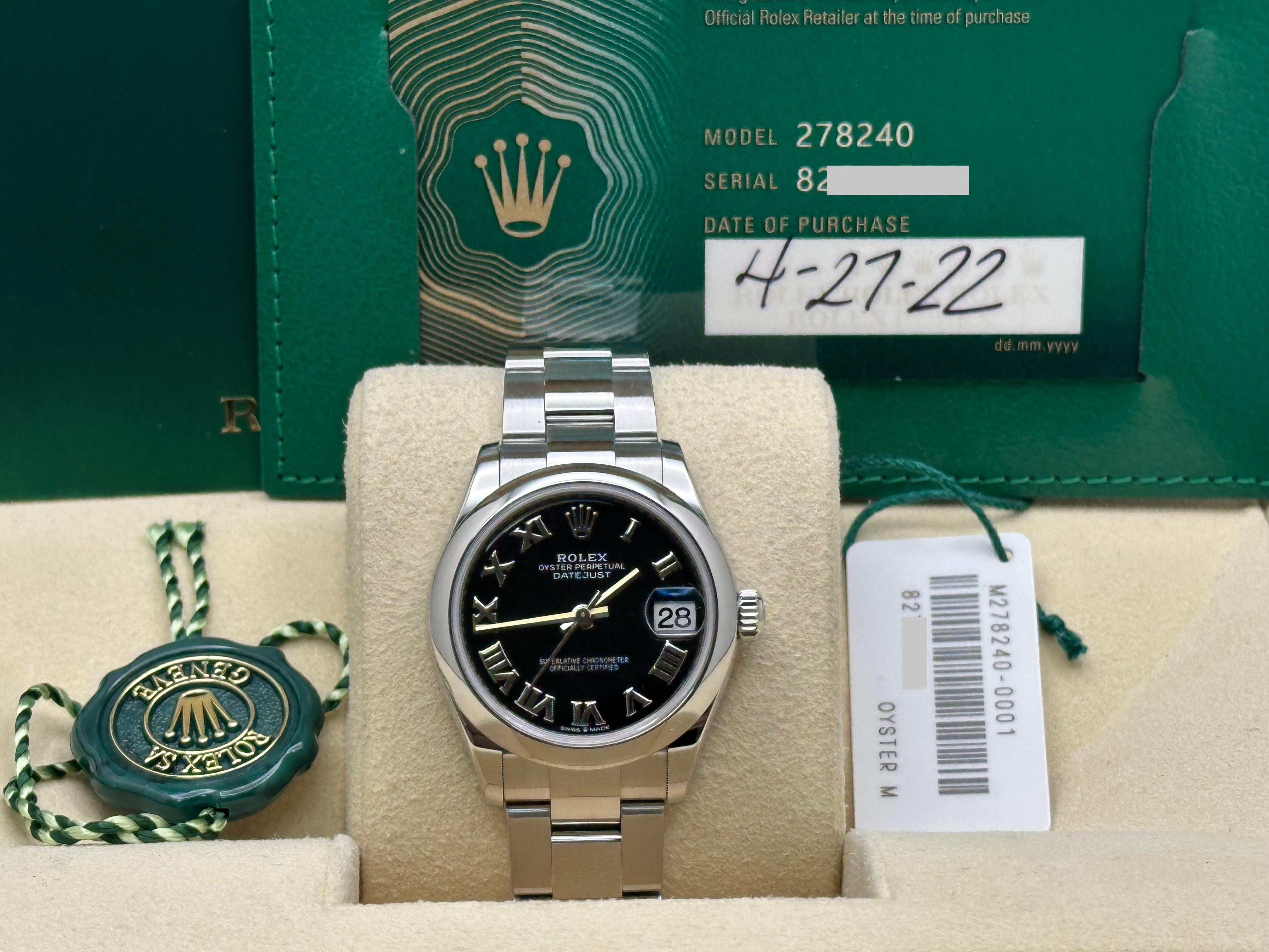 Rolex Midsize Datejust 278240 31mm Black Roman Stainless Steel Box Paper 2022 For Sale 4