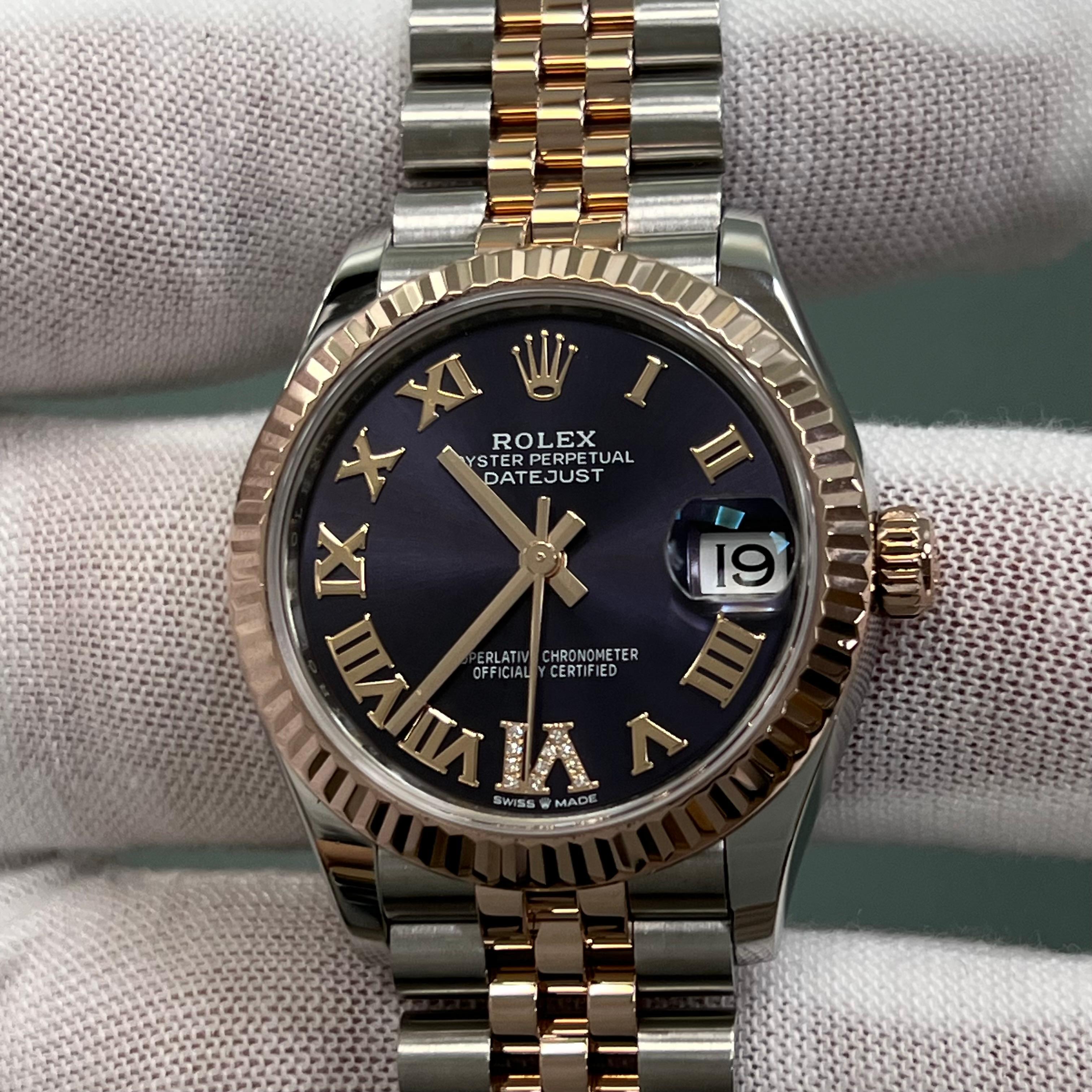 Rolex Midsize Datejust 278271 Aubergine Purple Diamond Dial 18K Rose Gold Steel For Sale 6