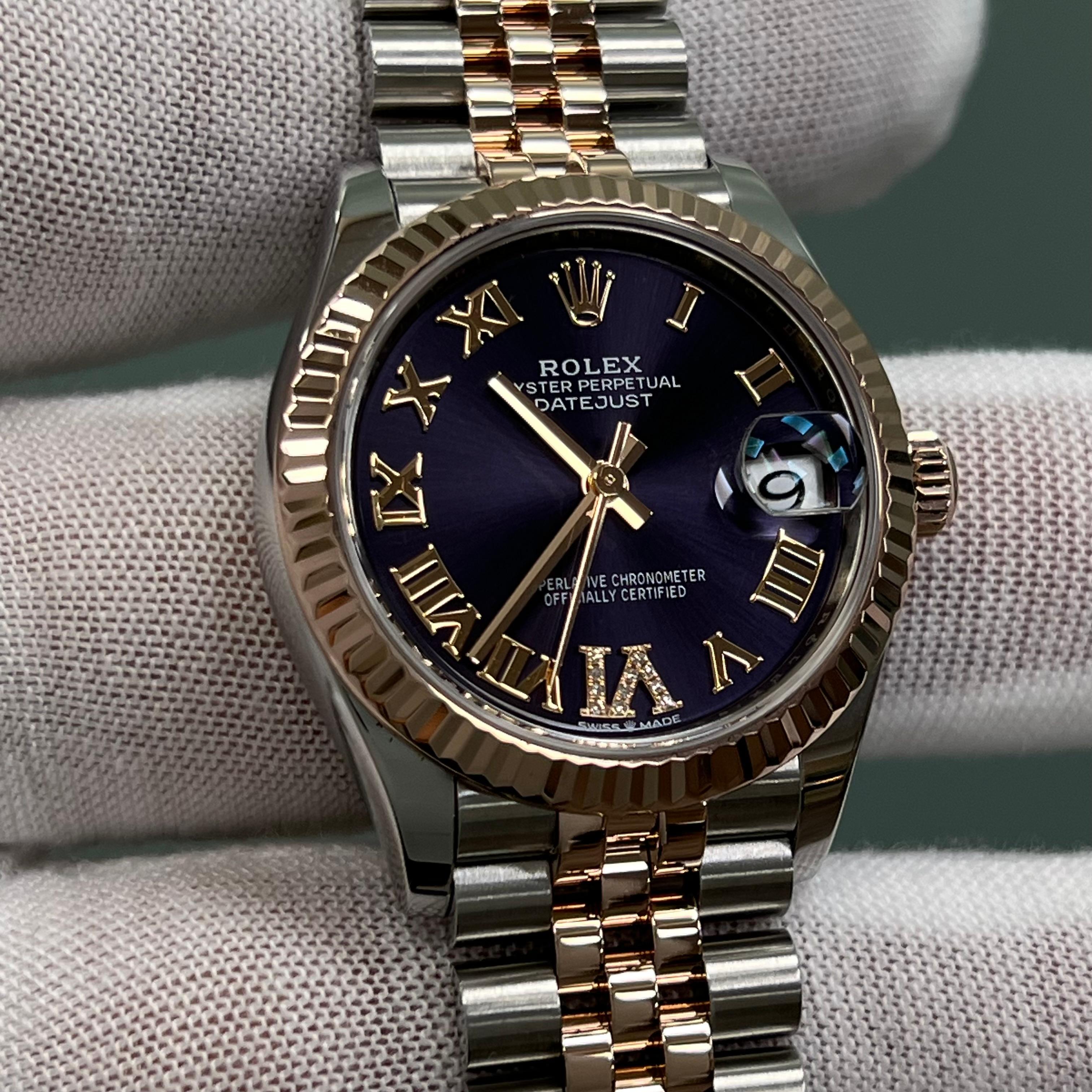 Rolex Midsize Datejust 278271 Aubergine Purple Diamond Dial 18K Rose Gold Steel For Sale 7