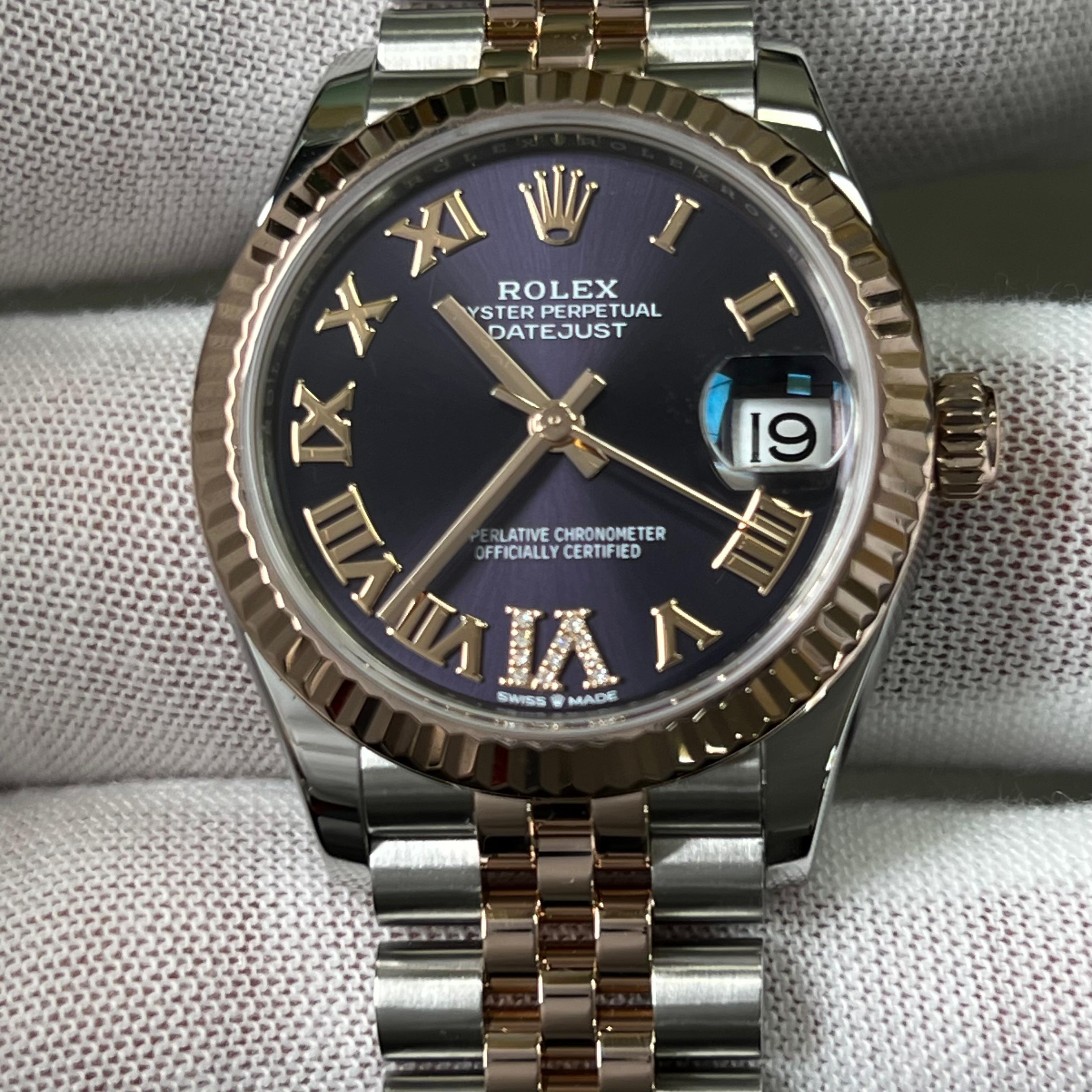 Rolex Midsize Datejust 278271 Aubergine Purple Diamond Dial 18K Rose Gold Steel For Sale 5