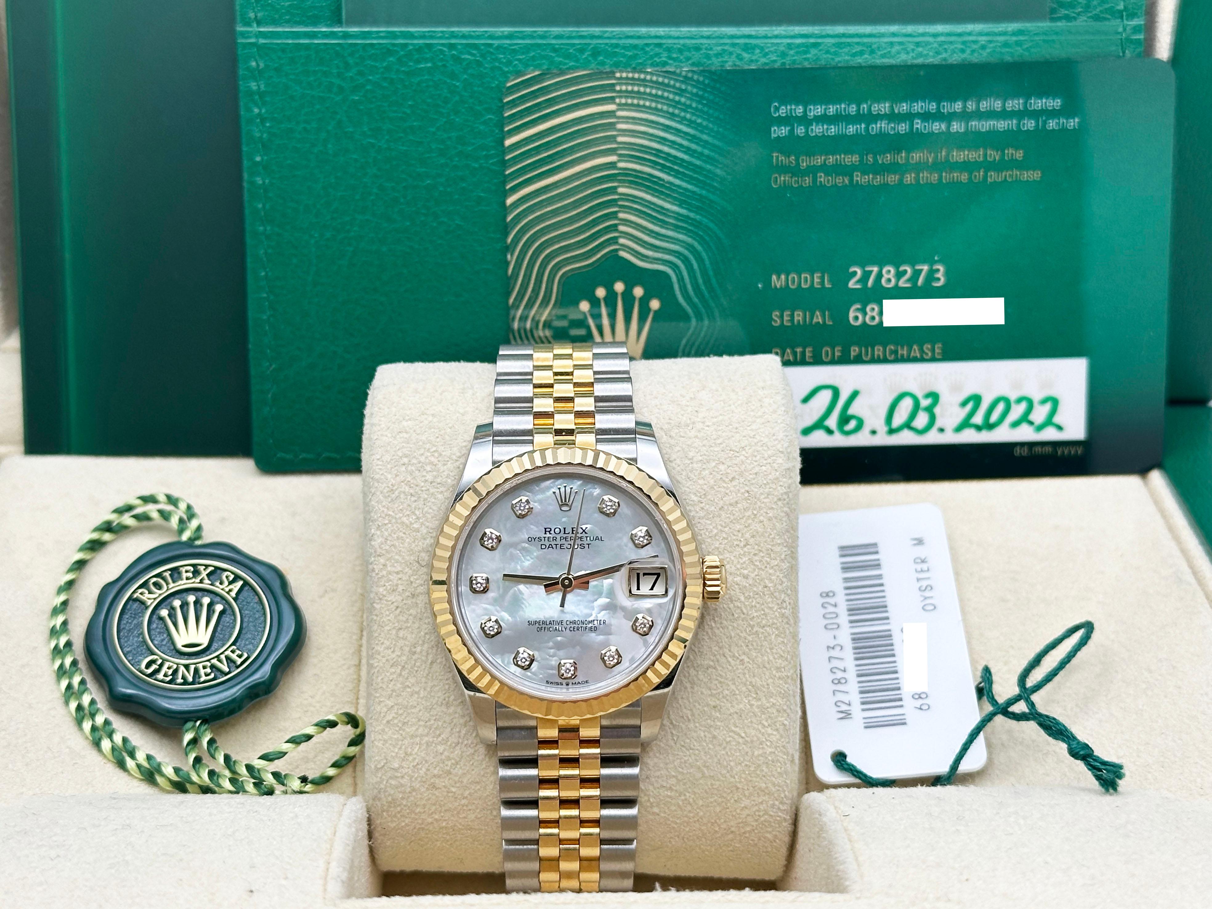 
Numero di stile: 278273


Seriale: 6887M***



Anno: 2022

 

Model: Rolex Datejust Midsize 

 

Materiale della cassa: Acciaio inossidabile 

 

Fascia: Fascia giubilare in oro giallo 18 carati e acciaio inossidabile 

  

Lunetta: scanalata in