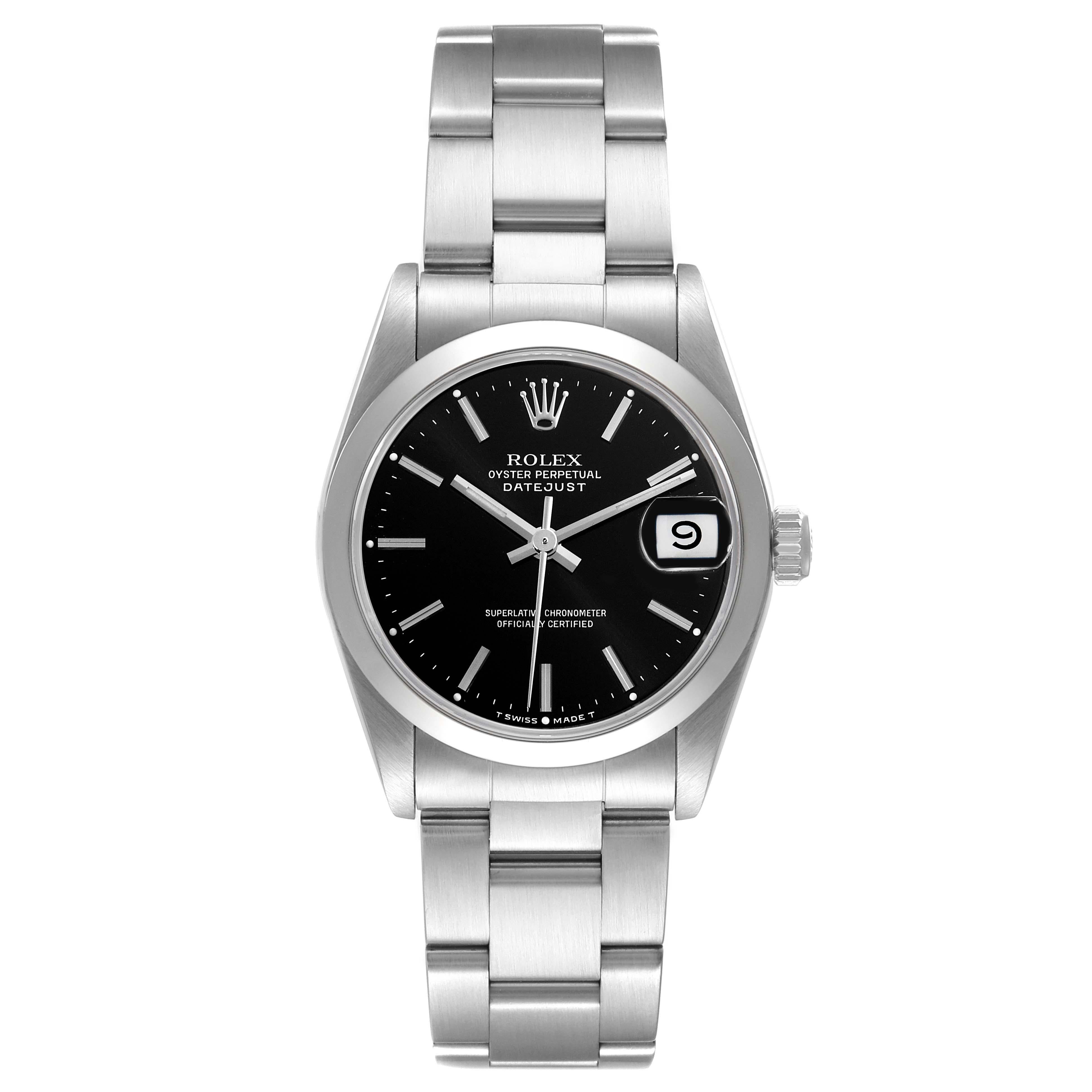 Rolex Midsize Datejust 31 Black Dial Domed Bezel Ladies Steel Watch 68240. Officially certified chronometer automatic self-winding movement with quickset date function. Stainless steel oyster case 31 mm in diameter. Rolex logo on the crown.