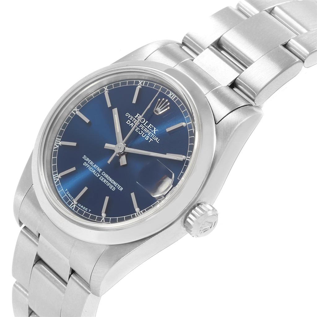Rolex Midsize Datejust 31 Blue Dial Ladies Steel Watch 68240. Officially certified chronometer automatic self-winding movement. Stainless steel oyster case 31 mm in diameter. Rolex logo on a crown. Stainless steel smooth bezel. Scratch resistant