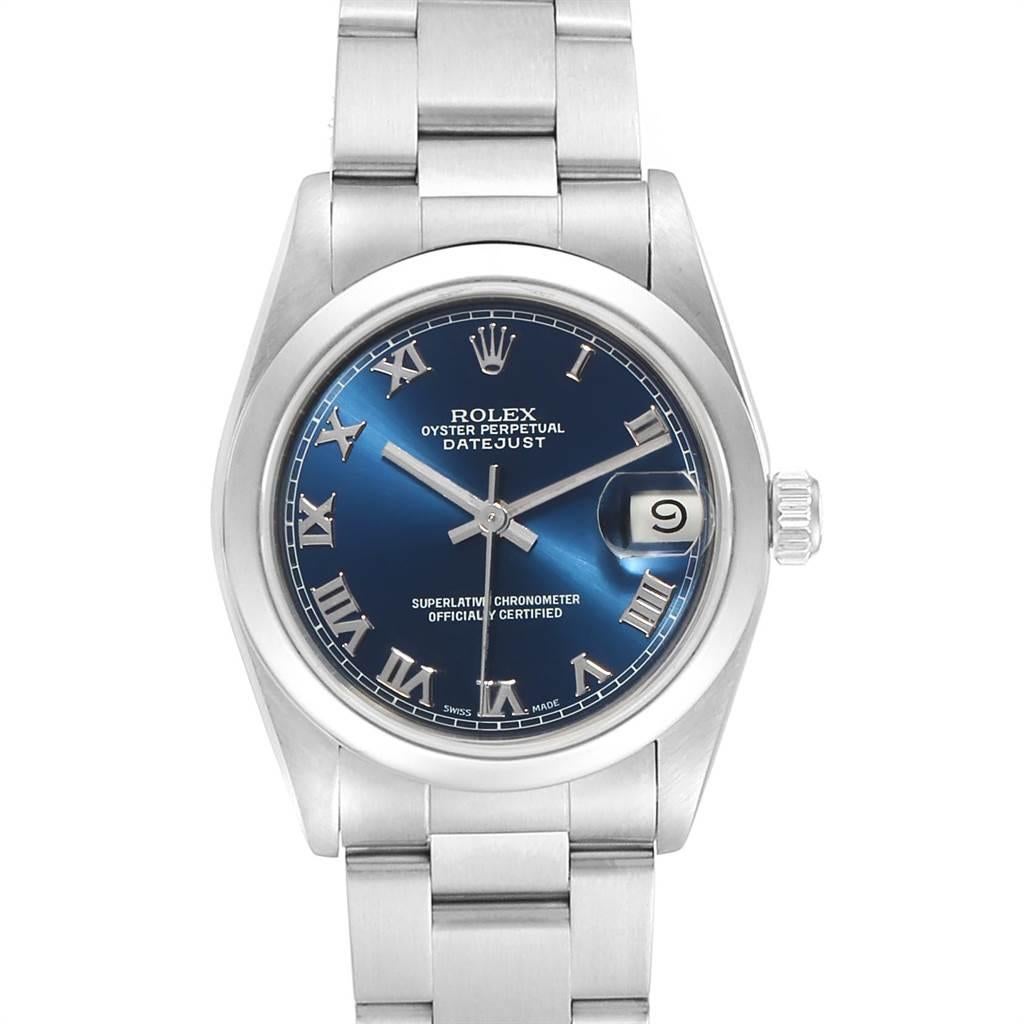 Rolex Midsize Datejust 31 Blue Dial Ladies Steel Watch 68240. Officially certified chronometer automatic self-winding movement. Stainless steel oyster case 31 mm in diameter. Rolex logo on a crown. Stainless steel smooth bezel. Scratch resistant