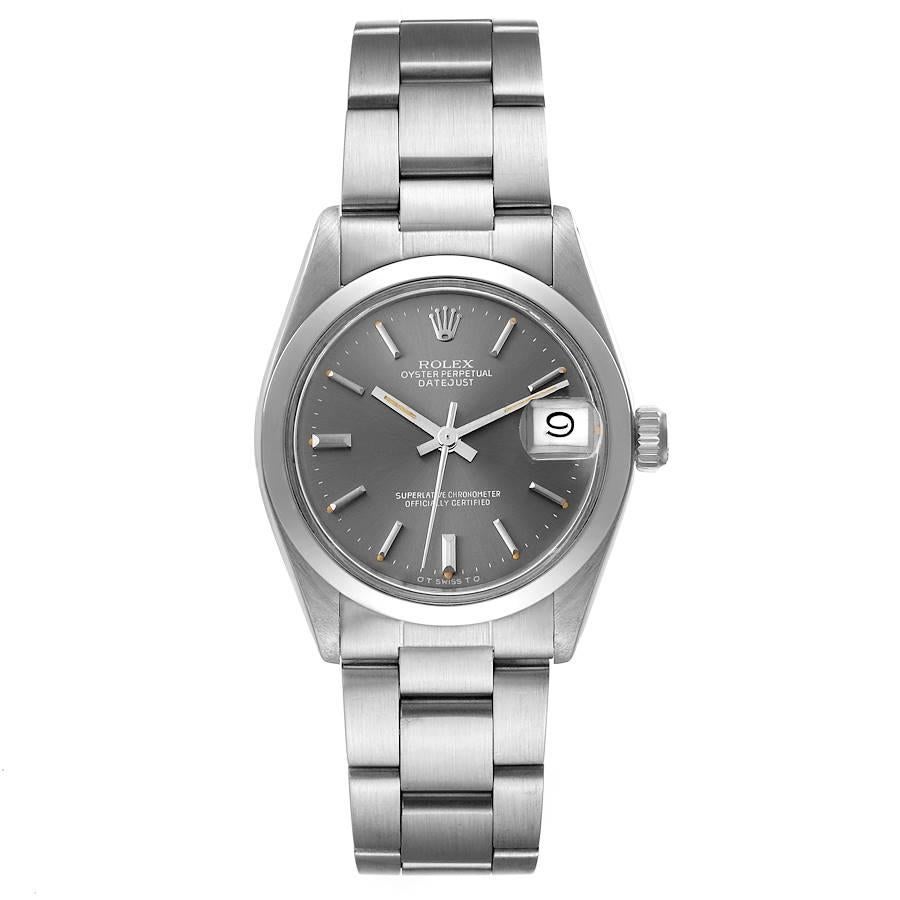 Rolex Midsize Datejust 31 Ghost Dial Smooth Bezel Ladies Steel Watch 6824. Officially certified chronometer self-winding movement with quickset date function. Stainless steel oyster case 31 mm in diameter. Rolex logo on the crown. Stainless steel
