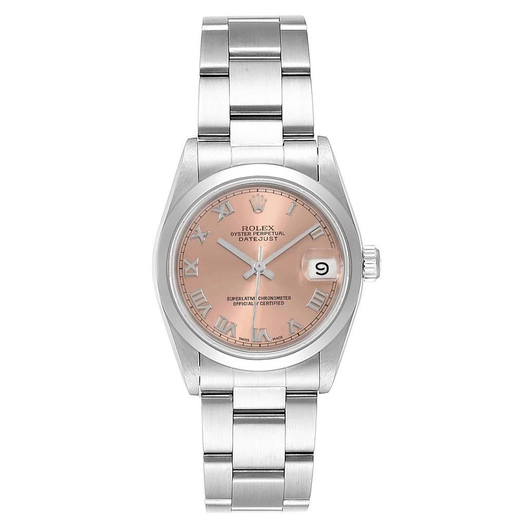 Rolex Midsize Datejust 31 Salmon Dial Ladies Steel Watch 68240. Officially certified chronometer automatic self-winding movement. Stainless steel oyster case 31 mm in diameter. Rolex logo on a crown. Stainless steel smooth bezel. Scratch resistant