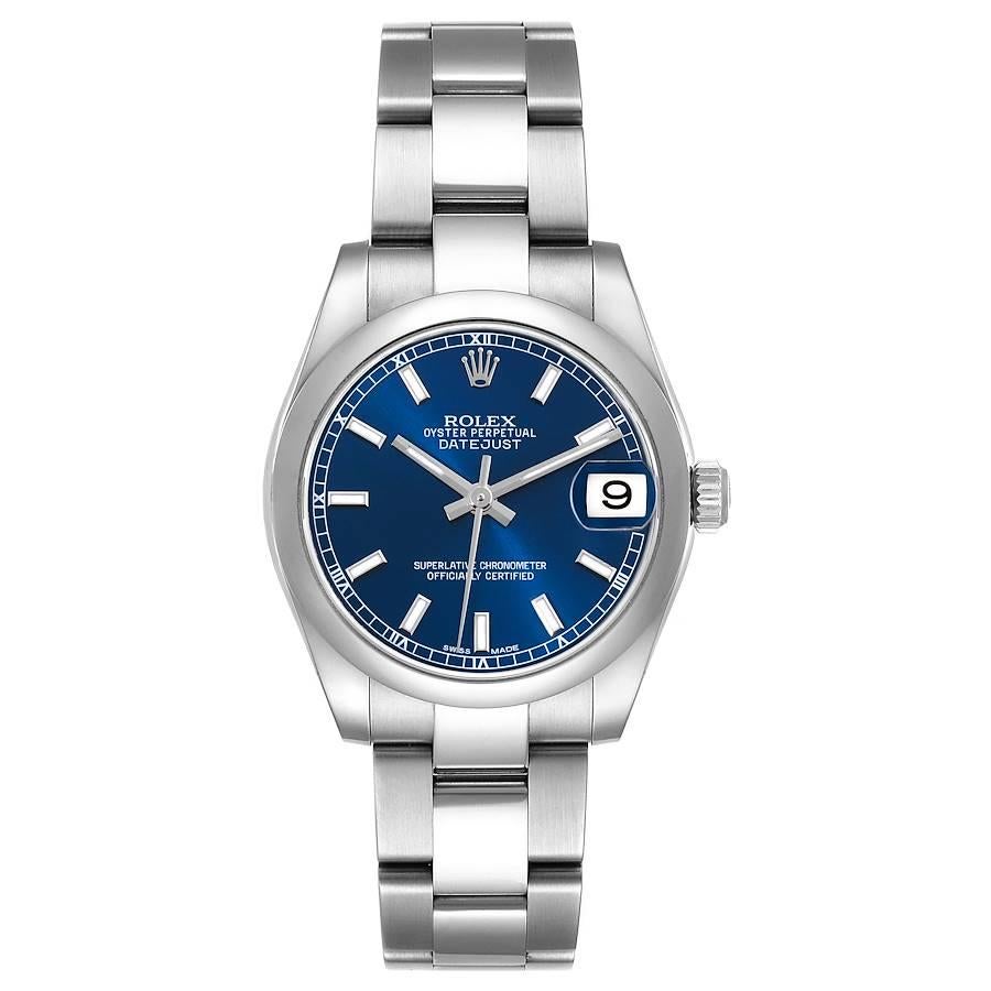 Rolex Midsize Datejust Blue Dial Stainless Steel Ladies Watch 178240 Box Card. Officially certified chronometer self-winding movement with quickset date function. Stainless steel oyster case 31.0 mm in diameter. Rolex logo on a crown. Stainless