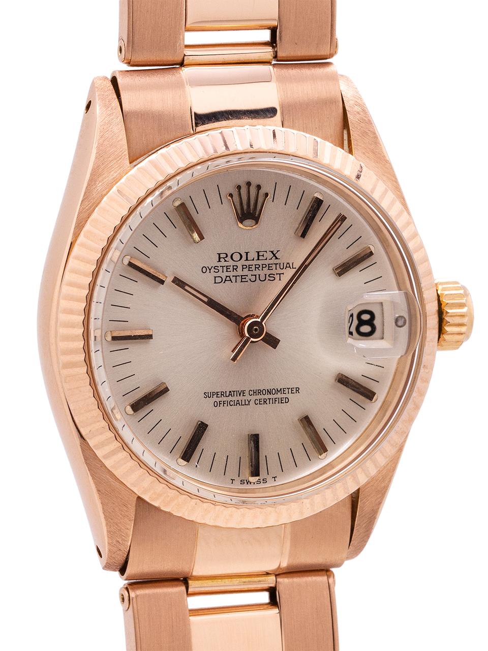 Rolex Midsize Datejust Ref 6827 18 Karat Pink Gold, circa 1973 In Excellent Condition In West Hollywood, CA