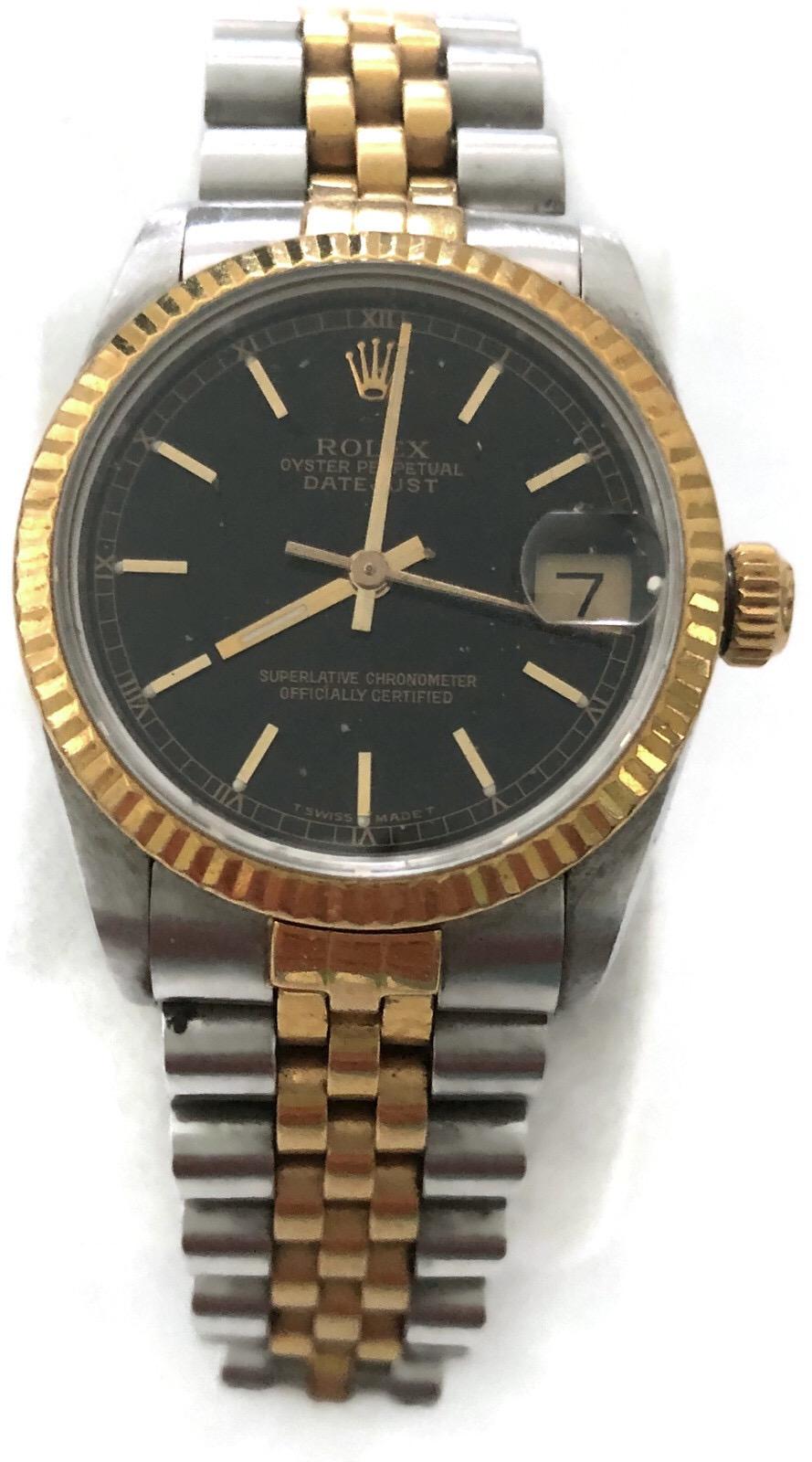 Rolex Midsize Datejust Stainless Steel 18 Karat Yellow Gold Black Dial For Sale 1