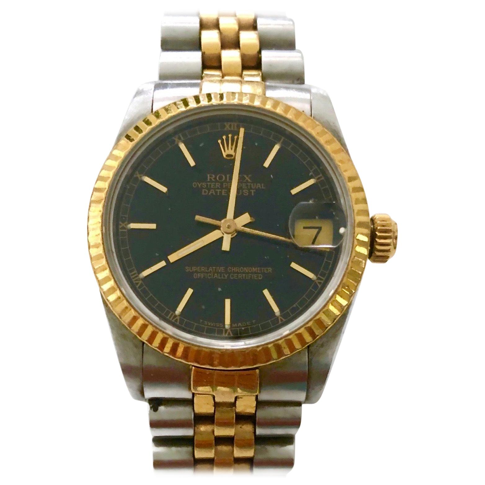 Rolex Midsize Datejust Stainless Steel 18 Karat Yellow Gold Black Dial For Sale