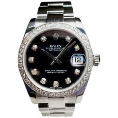 Rolex Midsize Datejust, Stainless with Black Diamond Dial and Diamond Bezel