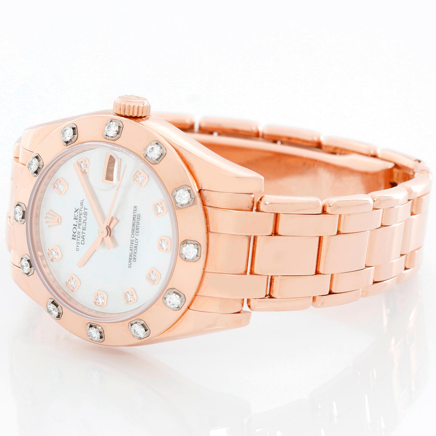 Rolex Midsize Masterpiece/Pearlmaster Everose Diamond Watch 81315 - Automatic winding, 31 jewels, Quickset, sapphire crystal. 18k Everose Oyster style case with factory 12 diamond bezel. Mother of Peal  diamond dial. 18k Everose Pearlmaster