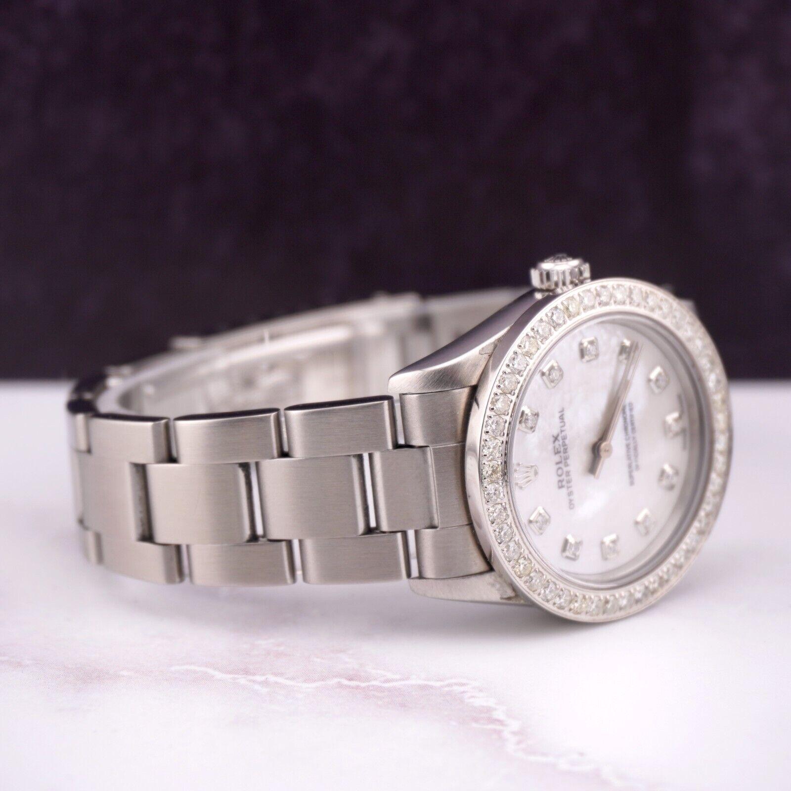 Moderne Rolex Midsize Oyster Perpetual 31mm 2ct Diamonds MOP Dial Steel Watch 77080 en vente
