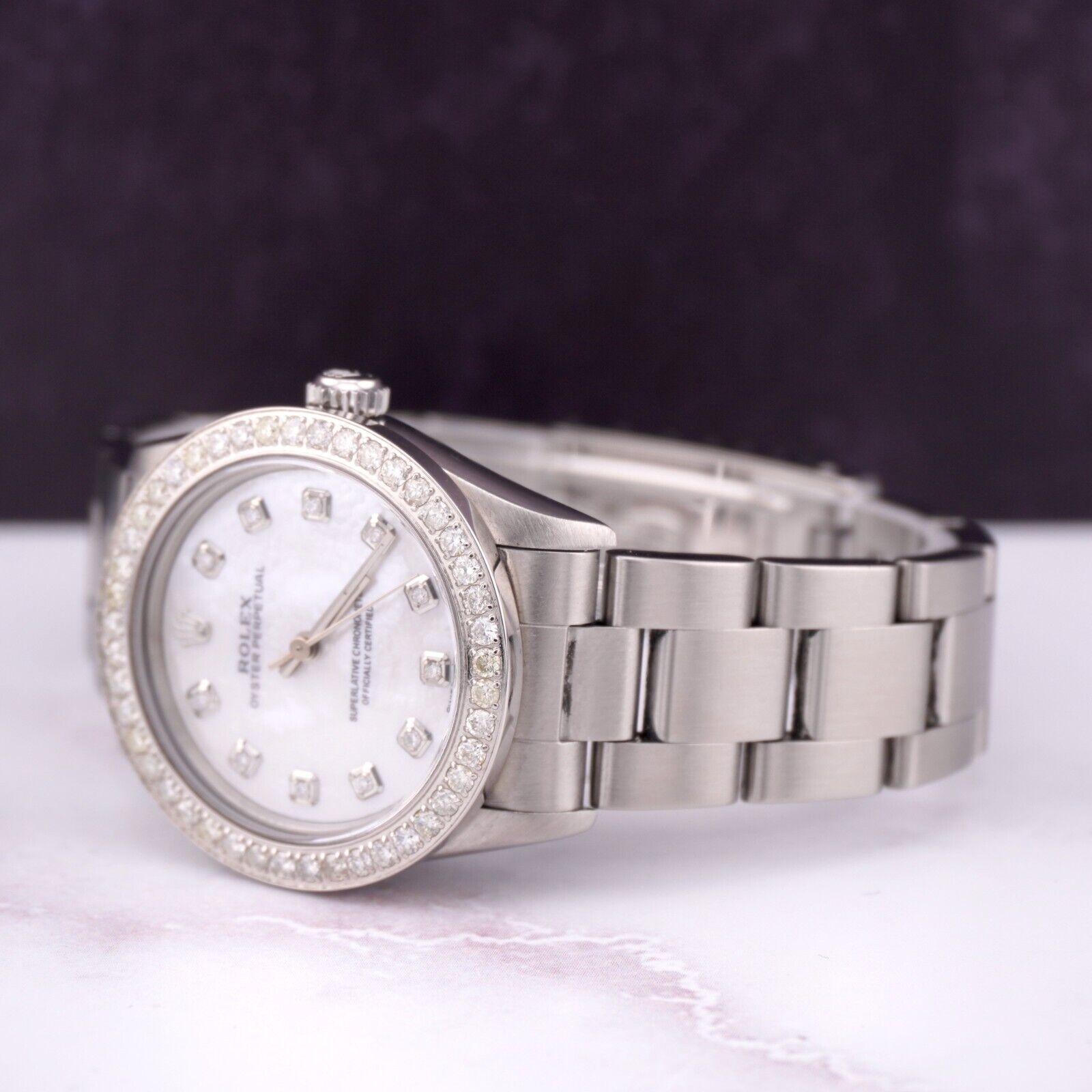 Rolex Midsize Oyster Perpetual 31mm 2ct Diamonds MOP Dial Steel Watch 77080 In Good Condition For Sale In Pleasanton, CA