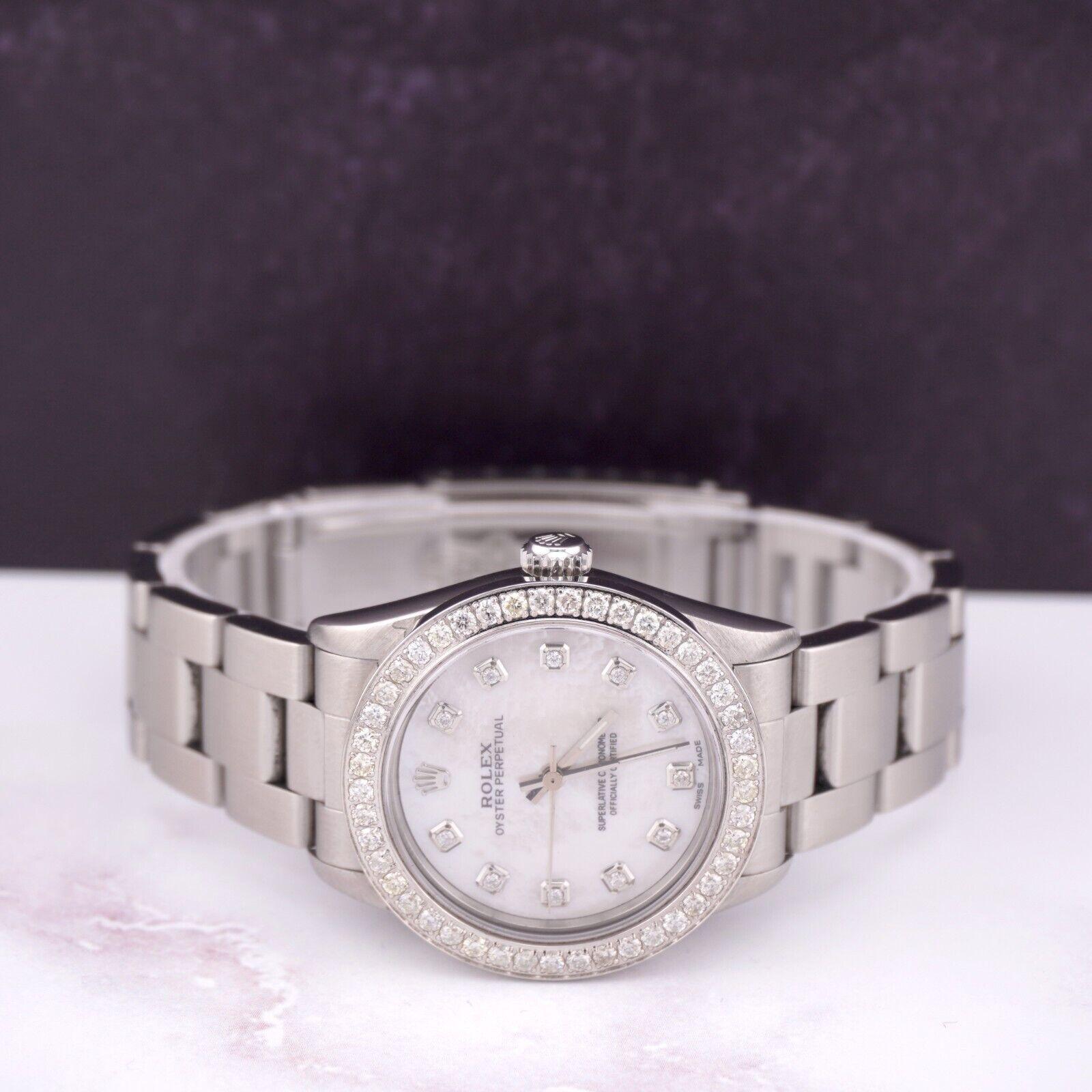 Rolex Midsize Oyster Perpetual 31mm 2ct Diamonds MOP Dial Steel Watch 77080 en vente 3