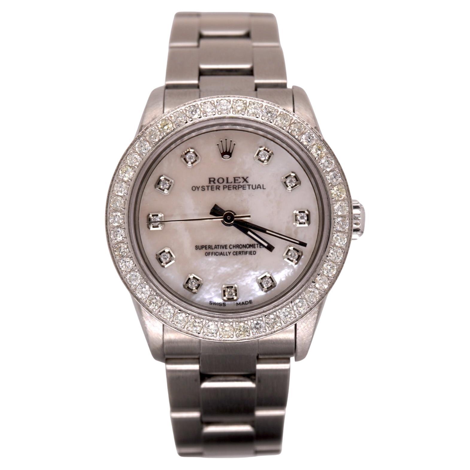 Rolex Midsize Oyster Perpetual 31mm 2ct Diamonds MOP Dial Steel Watch 77080 For Sale