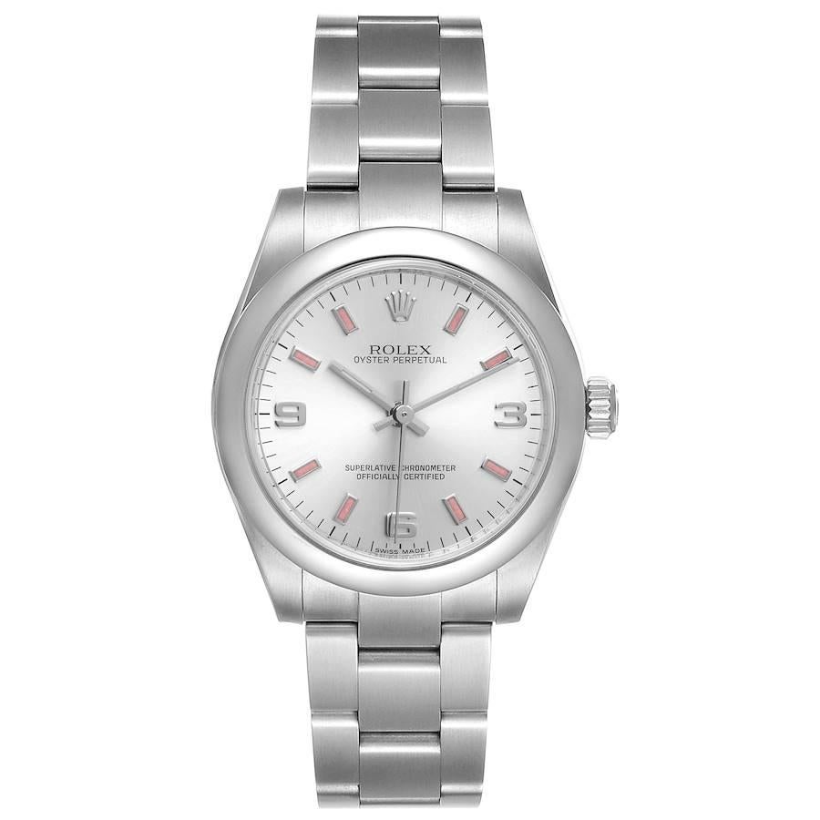 Rolex Midsize Silver Dial Pink Hour Markers Ladies Watch 177200. Officially certified chronometer self-winding movement with quickset date function. Stainless steel oyster case 31.0 mm in diameter. Rolex logo on a crown. Stainless steel smooth