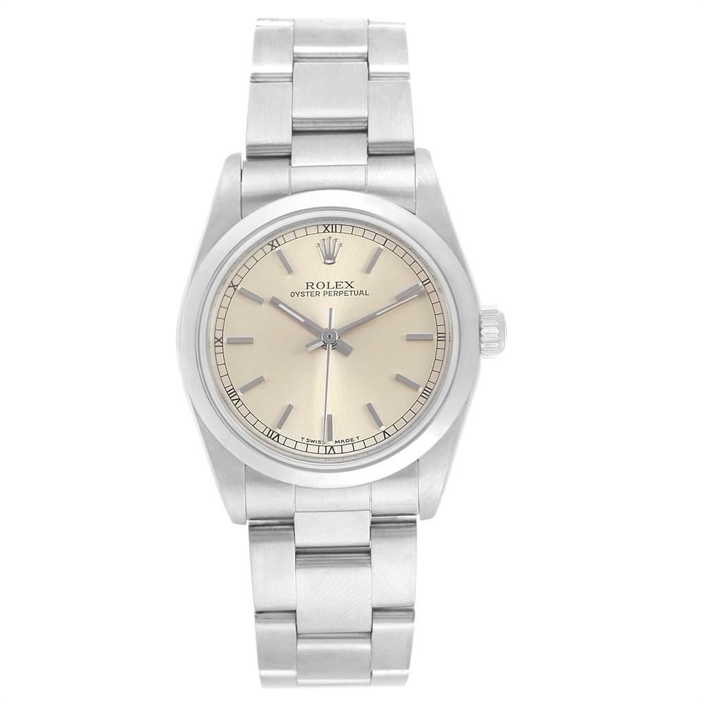 Rolex Midsize Silver Dial Smooth Bezel Steel Ladies Watch 77080 In Excellent Condition For Sale In Atlanta, GA