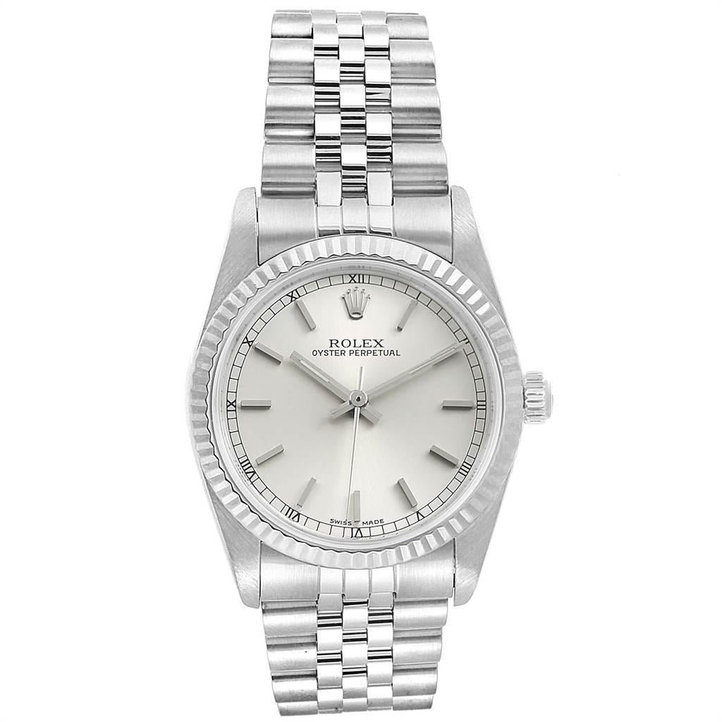 Rolex Midsize Steel White Gold Silver Dial Ladies Watch 77014 In Excellent Condition For Sale In Atlanta, GA