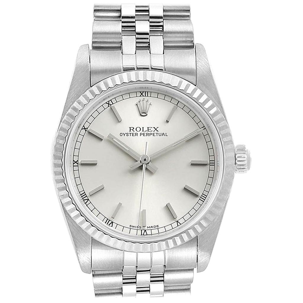 Rolex Midsize Steel White Gold Silver Dial Ladies Watch 77014 For Sale
