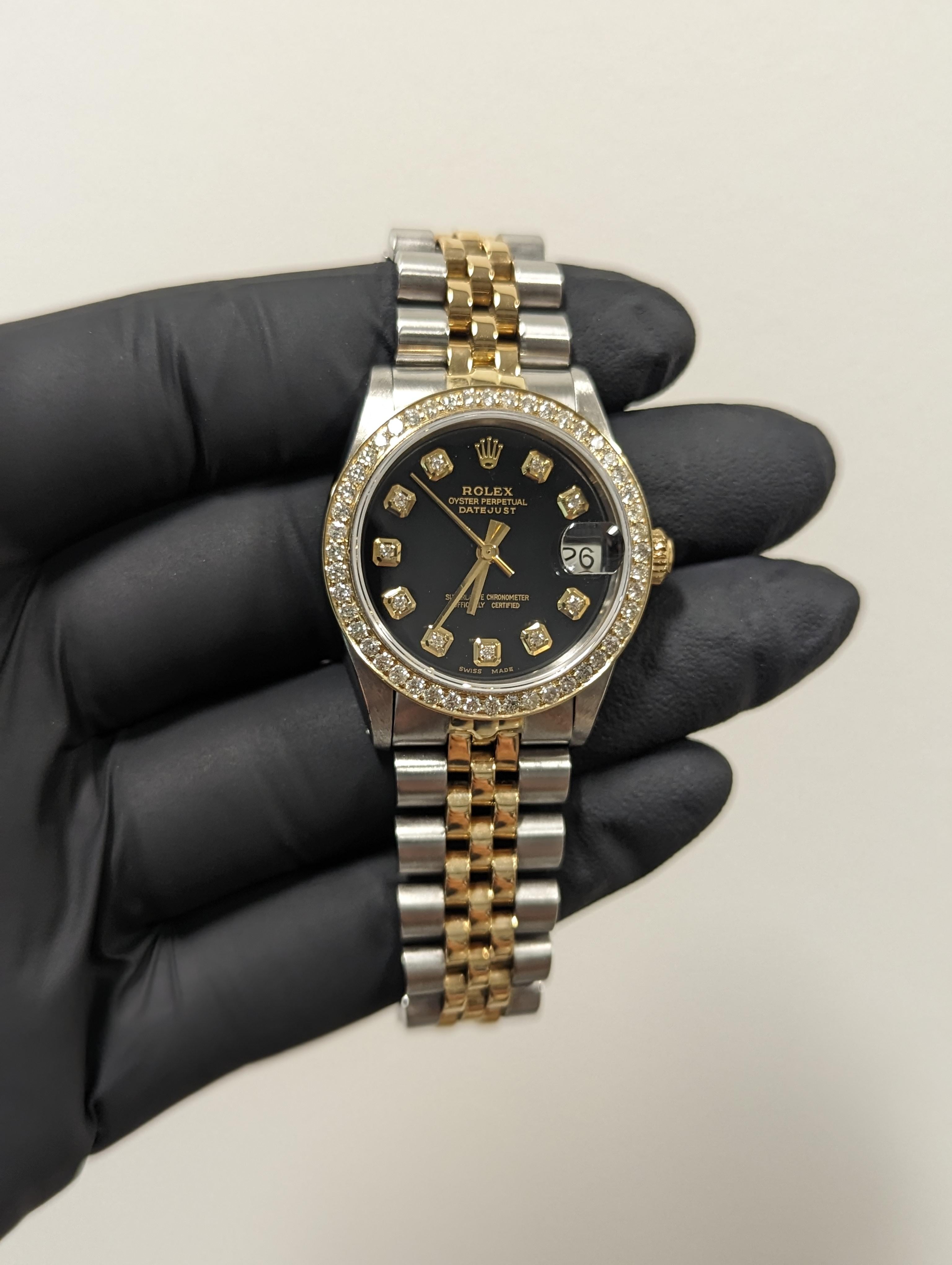 Perle Rolex Montre Datejust de taille moyenne bicolore avec cadran noir et lunette en diamants et cadran Jubilee en vente