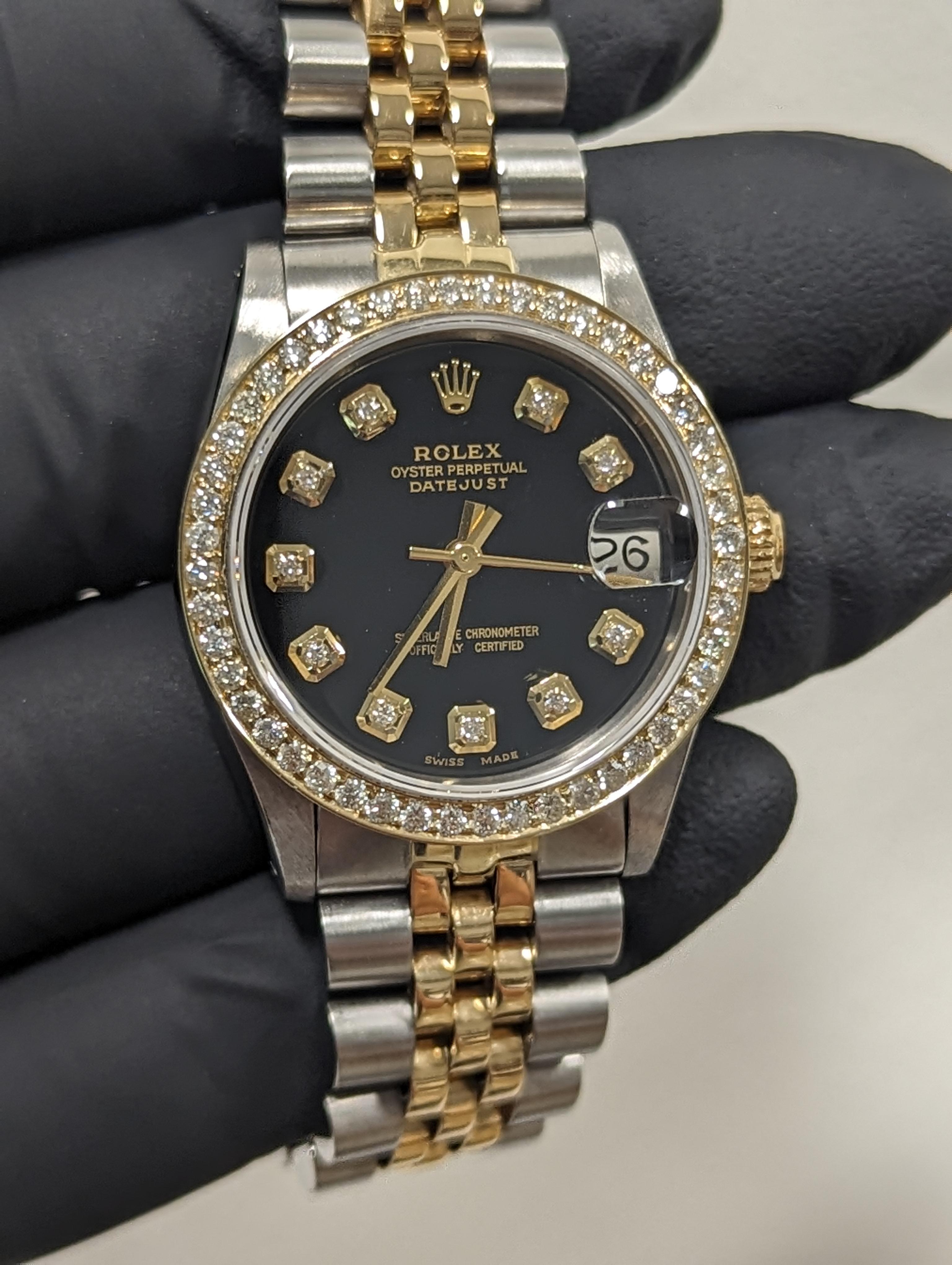 Bead Rolex Midsize Two Tone Datejust Black Diamond Dial Diamond Bezel Jubilee Watch For Sale
