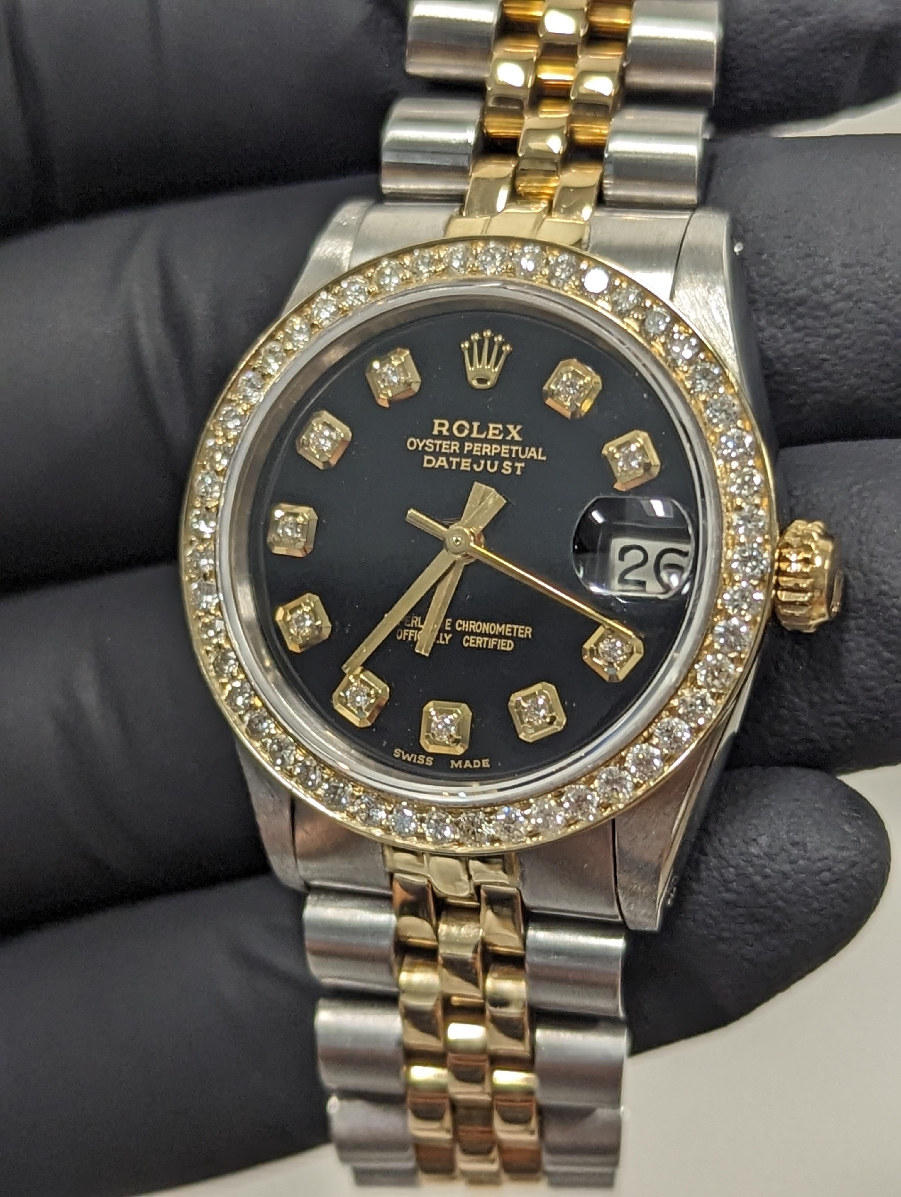 Rolex Midsize Two Tone Datejust Black Diamond Dial Diamond Bezel Jubilee Watch In Good Condition For Sale In San Pedro, CA