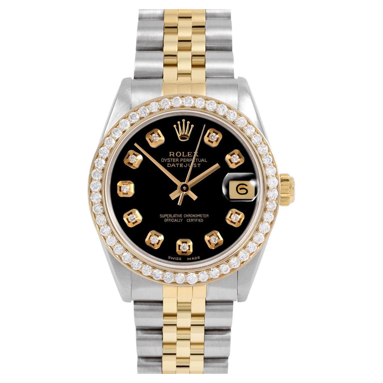 Rolex Midsize Two Tone Datejust Black Diamond Dial Diamond Bezel Jubilee Watch For Sale