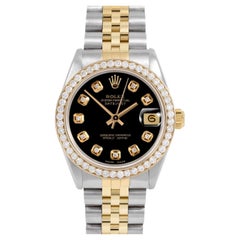 Rolex Midsize Two Tone Datejust Black Diamond Dial Diamond Bezel Jubilee Watch
