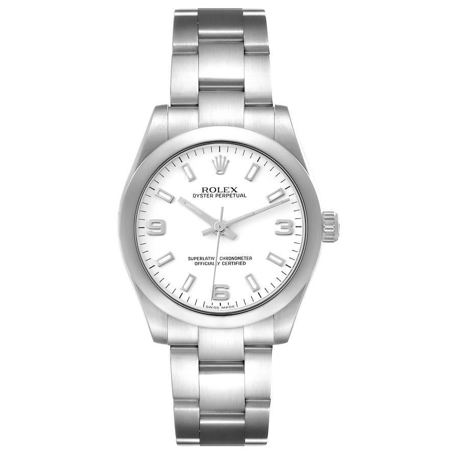 Rolex Midsize White Dial Domed Bezel Steel Ladies Watch 177200 Box Card. Officially certified chronometer self-winding movement with quickset date function. Stainless steel oyster case 31.0 mm in diameter. Rolex logo on a crown. Stainless steel
