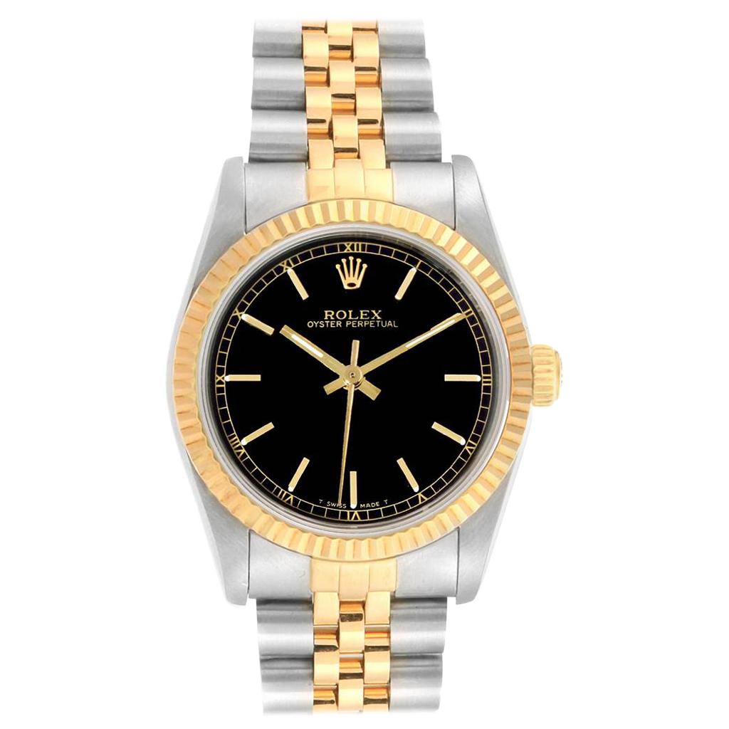 Rolex Midsize Yellow Gold Steel Black Dial Ladies Watch 67513 For Sale