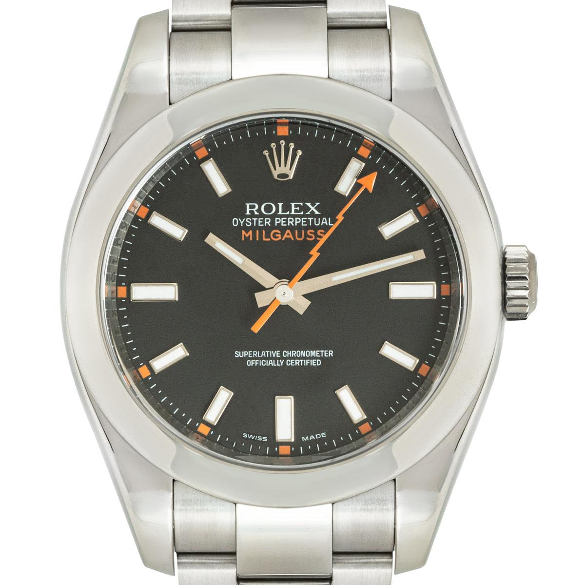 A 40mm Milgauss crafted in stainless steel from Rolex. Features a black dial with applied hour markers and an orange second hand shaped like a lightning bolt.

Fitted with a sapphire glass, a self-winding automatic movement and an Oyster bracelet