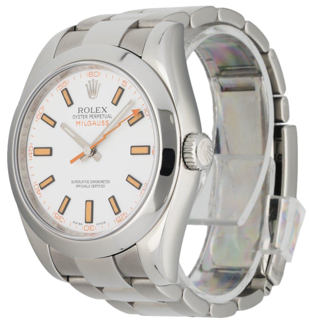 Rolex Milgauss 116400 Mens Watch. 40mm stainless steel case and smooth bezel. White dial with luminous silver-tone, an Orange seconds hand, and index hour markers. Minute markers around the outer dial. Stainless steel Oyster Bracelet fold over clasp
