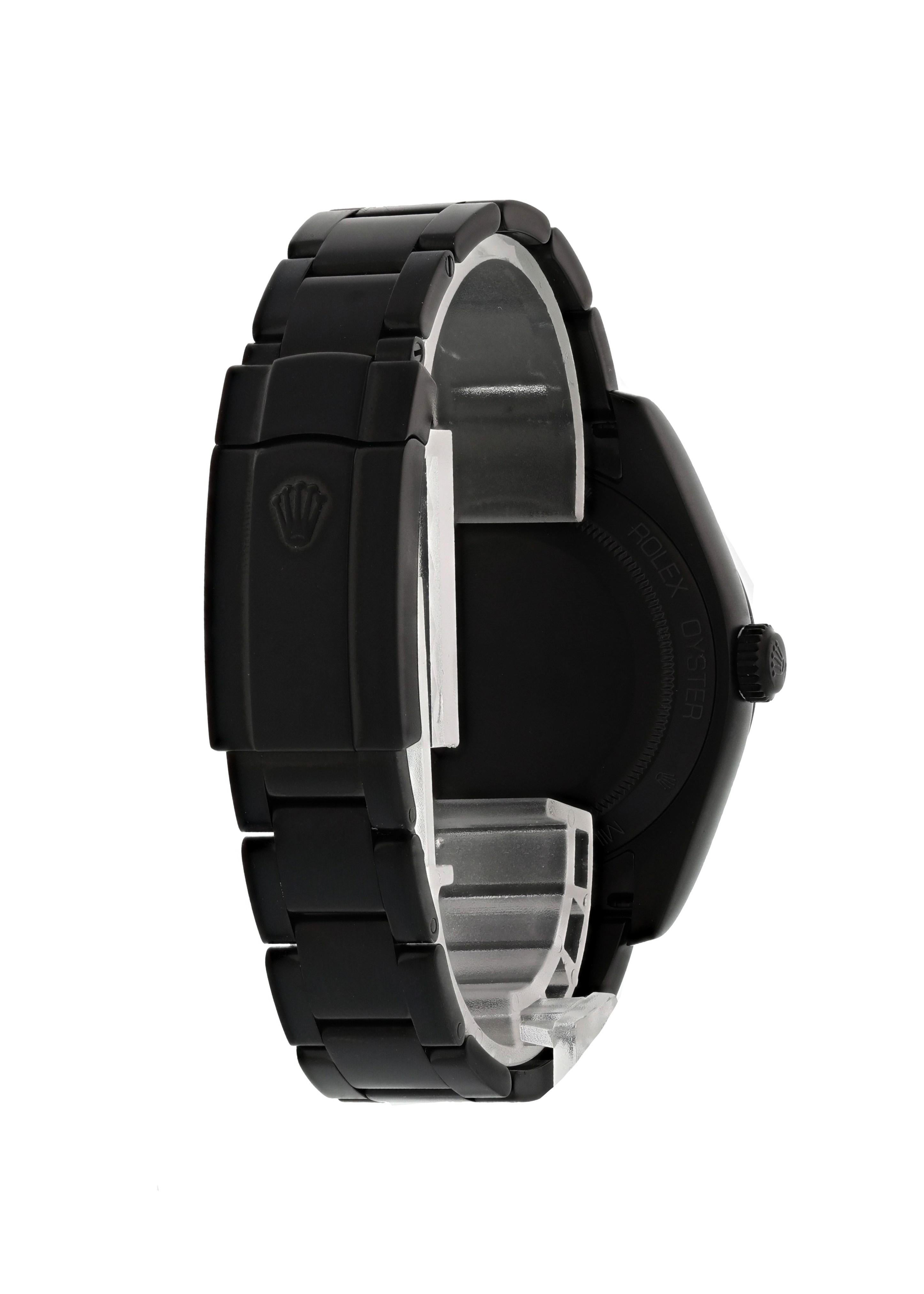 Rolex Milgauss Reference #:116400. Rolex Oyster Perpetual Milgauss 116400 Custom PVD Mens Watch. 40mm PVD case and smooth fixed bezel. Black dial with luminous silver-tone hands and index hour markers. Minute markers around the outer dial. Custom