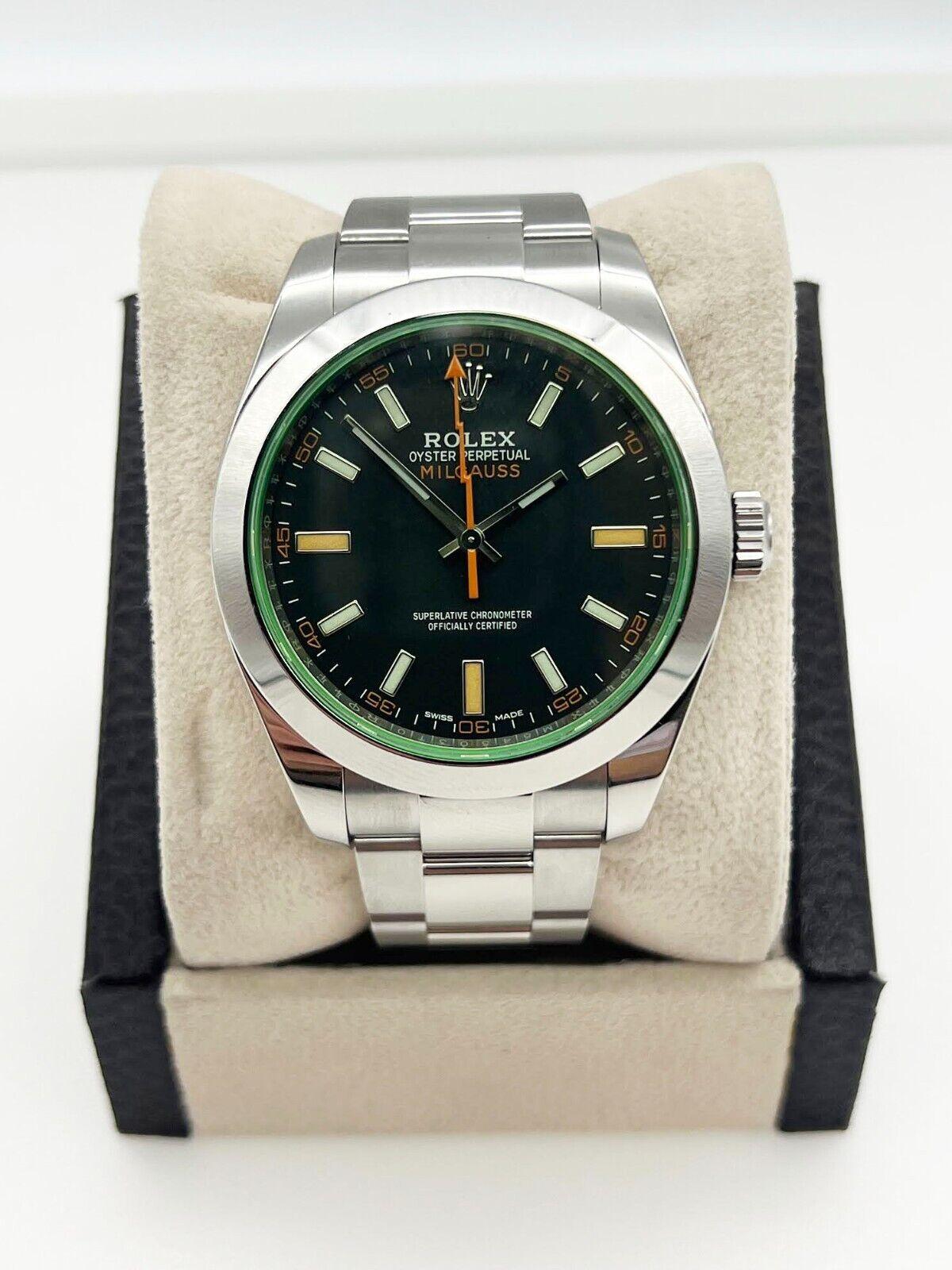Rolex Milgauss 116400GV Black Dial Green Crystal Stainless Steel Box Paper 2019 In Excellent Condition For Sale In San Diego, CA