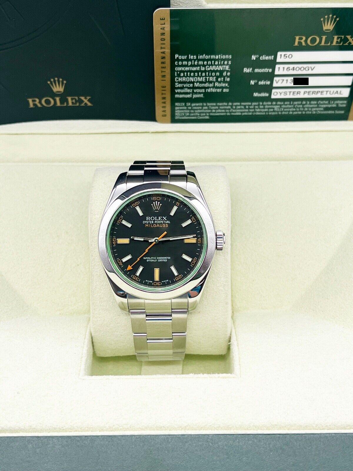 Rolex Milgauss 116400GV Black Dial Green Crystal Stainless Steel Box Paper In Excellent Condition In San Diego, CA